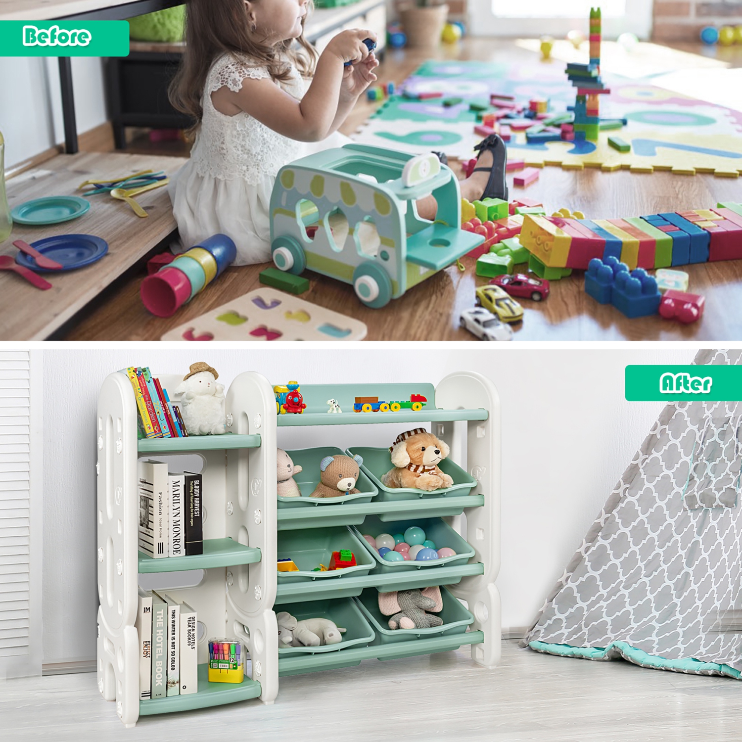 Costway Kids Toy Storage Organizer w/Bins & Multi-Layer Shelf for Bedroom Playroom Green\Blue
