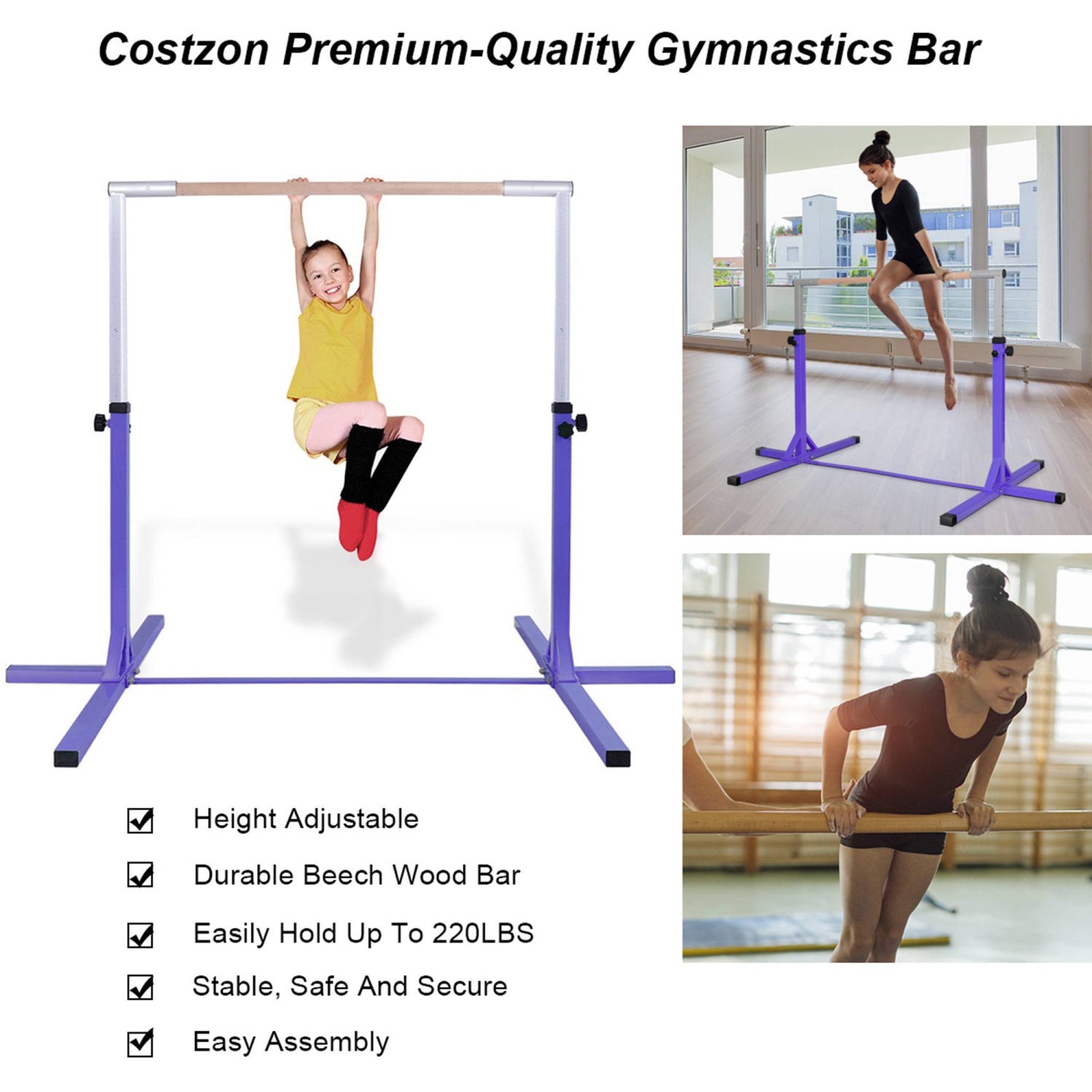Costway Gymnastic Steel Horizontal Training Bar Junior Home Practice 3'-5' Adjustable