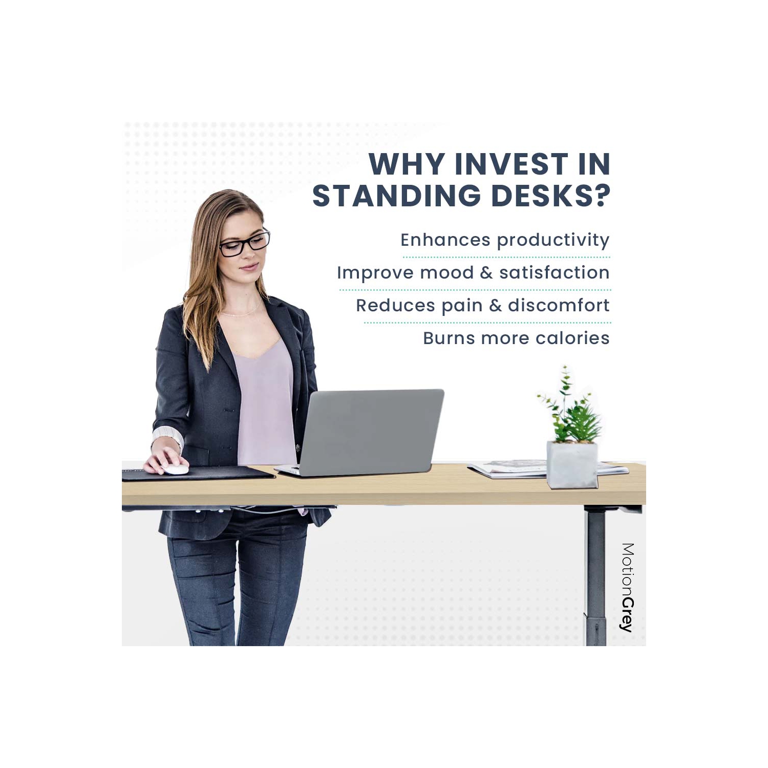 Table maison/bureau debout à hauteur réglable allemande à deux moteurs MotionGrey - Cadre noir/table