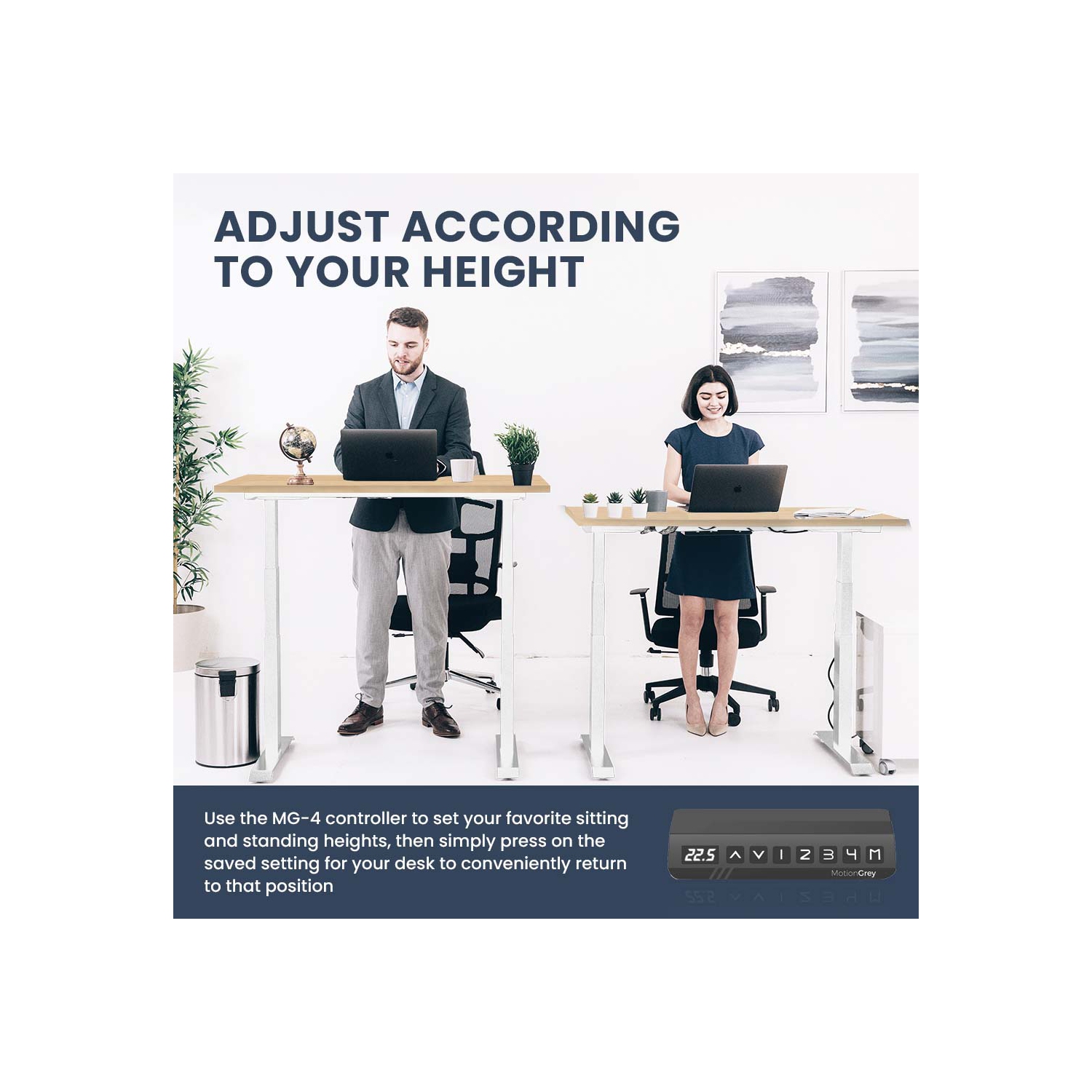 MotionGrey Height Adjustable German Electric Dual Motors Sit to Stand Computer Home Table and Office Standing Desk - White Frame with Tabletop