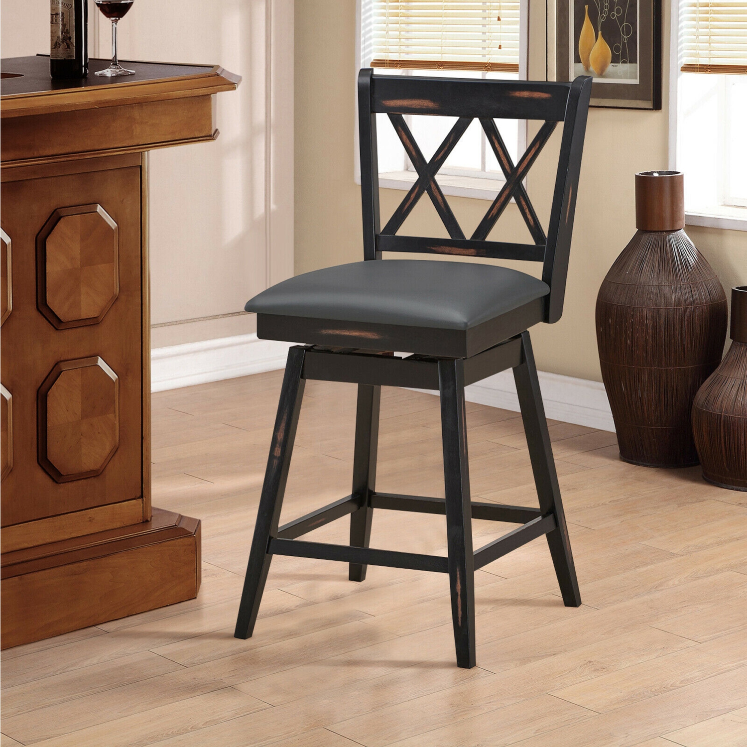 Gymax Set of 4 Barstools Swivel Counter Height Chairs w/Rubber Wood Legs