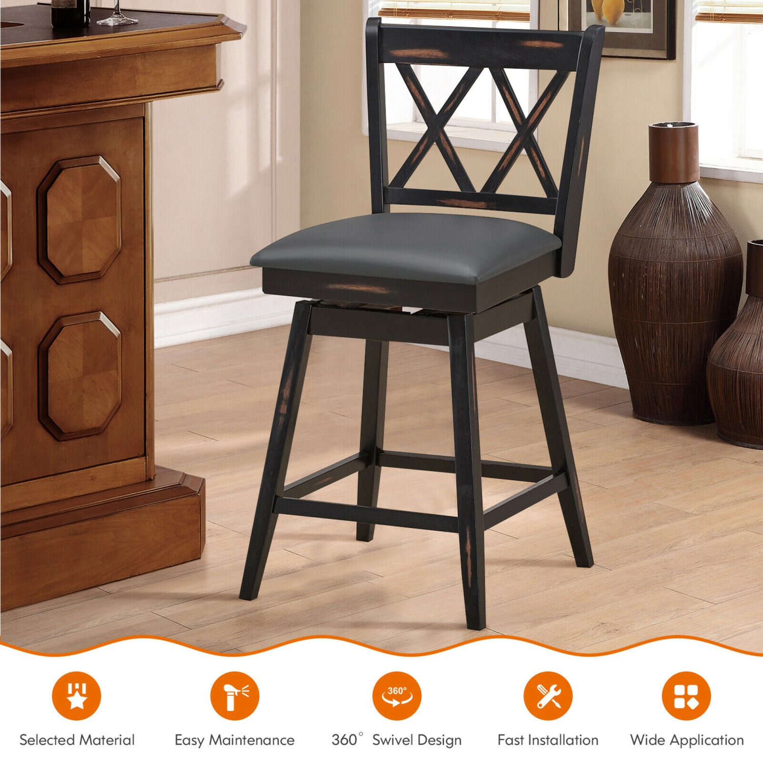 Gymax Set of 4 Barstools Swivel Counter Height Chairs w/Rubber Wood Legs