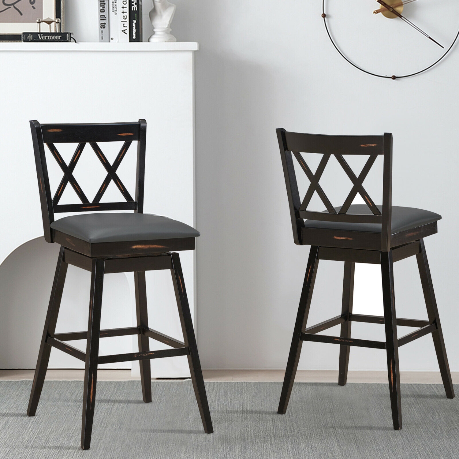 Gymax Set of 2 Barstools Swivel Bar Height Chairs with Rubber Wood Legs