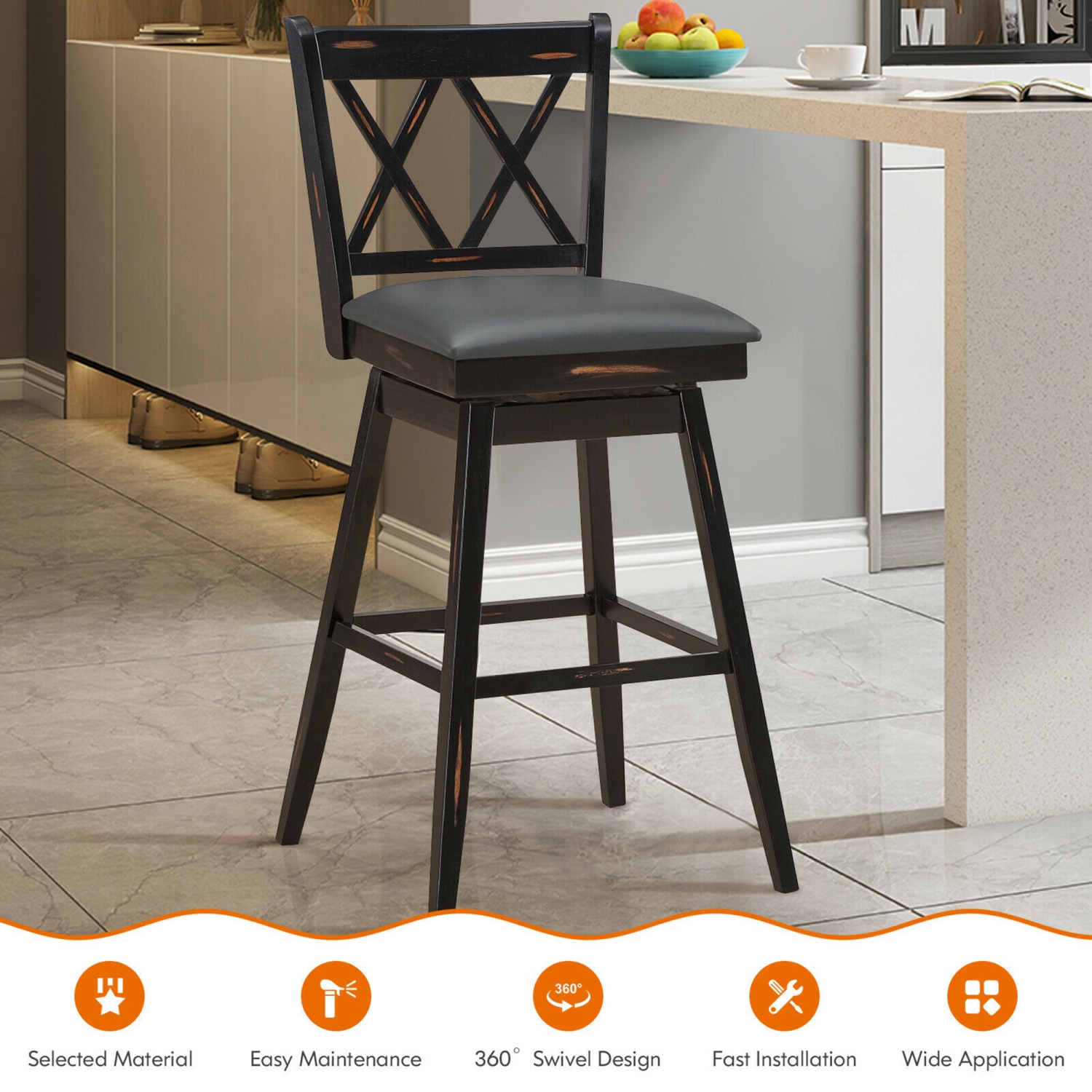 Gymax Set of 2 Barstools Swivel Bar Height Chairs with Rubber Wood Legs