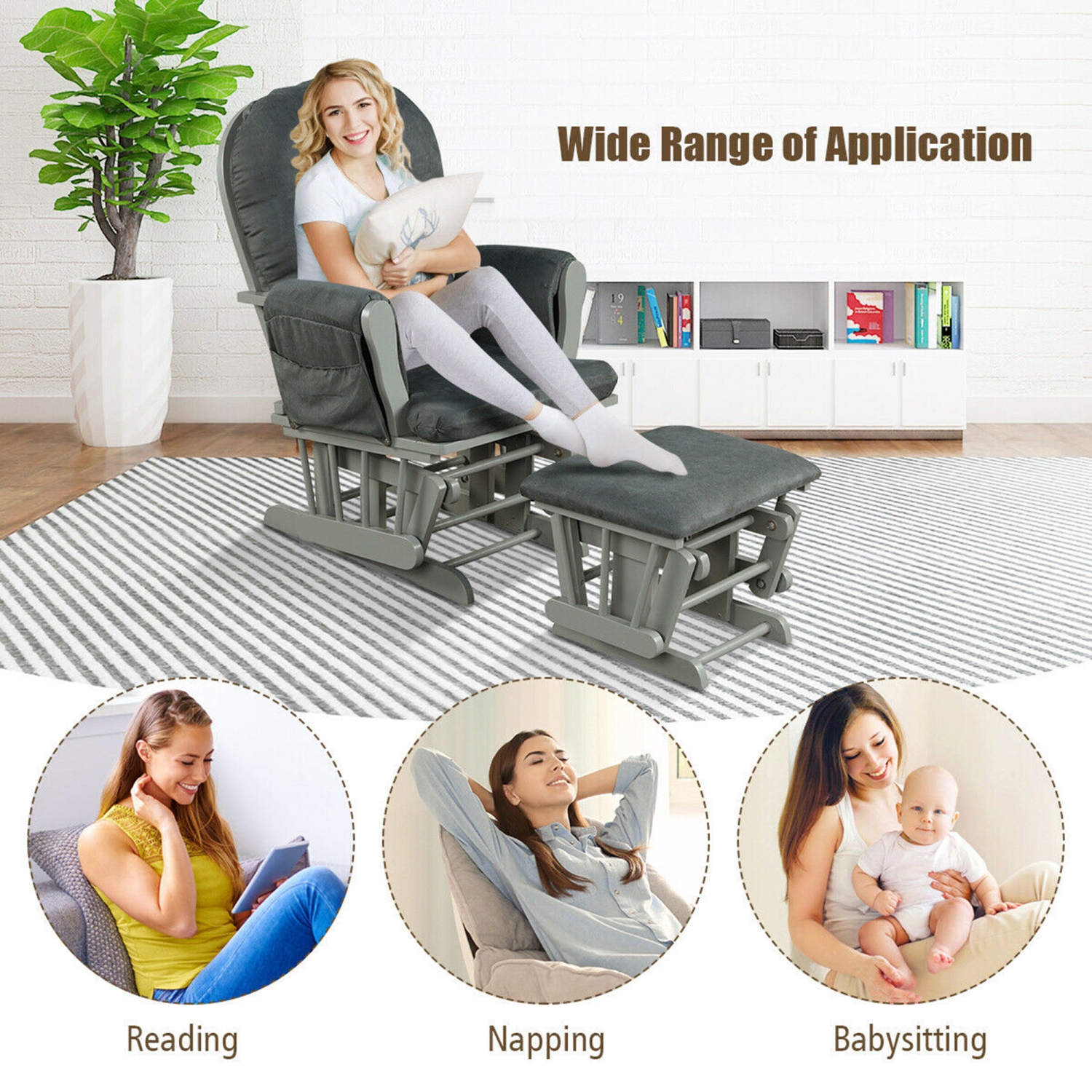 Gymax Baby Nursery Relax Rocker Rocking Chair Glider & Ottoman Set w/ Cushion