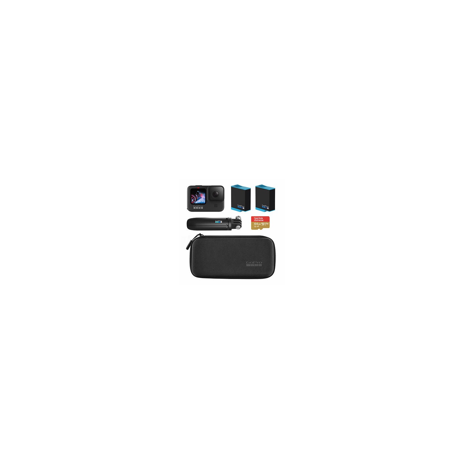 GoPro HERO9 Black - Essential Bundle - GoPro HERO 9 Black + 2x Spare Battery + The Handler Tripod + Compact Case + 64 GB MicroSD Card