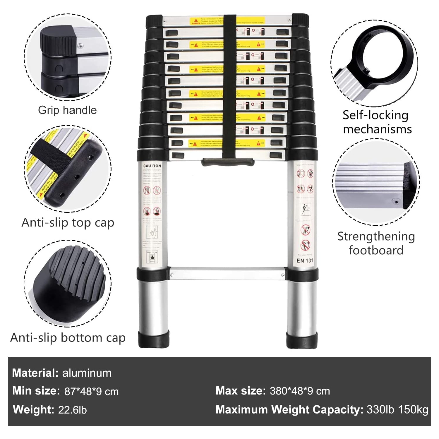 3.8m / 12.5ft Portable Aluminum Telescopic Ladder w/ 330lb Capacity Portable & Multi-Purpose Collapsible Ladder for Home & Professional Use |