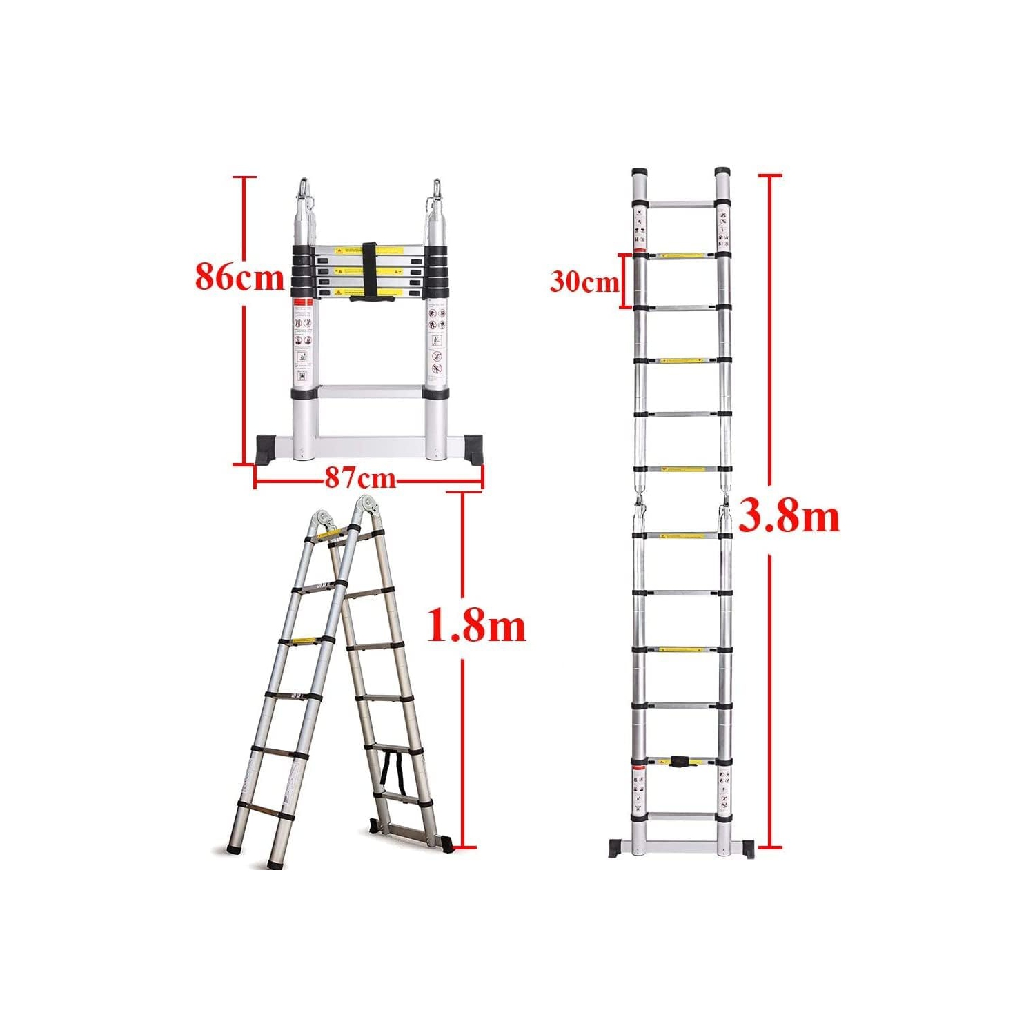 3.8m/ 12.5FT Aluminum Telescoping Extension Ladder - Portable, Multi-Purpose, and Versatile A-Frame Folding Ladder with Hinges with 150kg Load