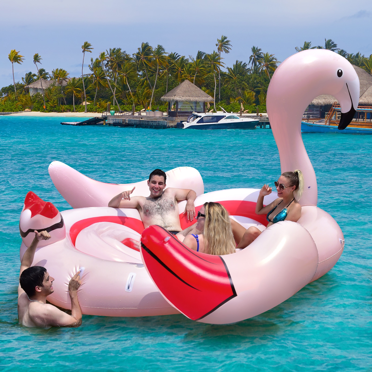 Costway 6 People Inflatable Flamingo Floating Island Ideal for Pool, Lake & River