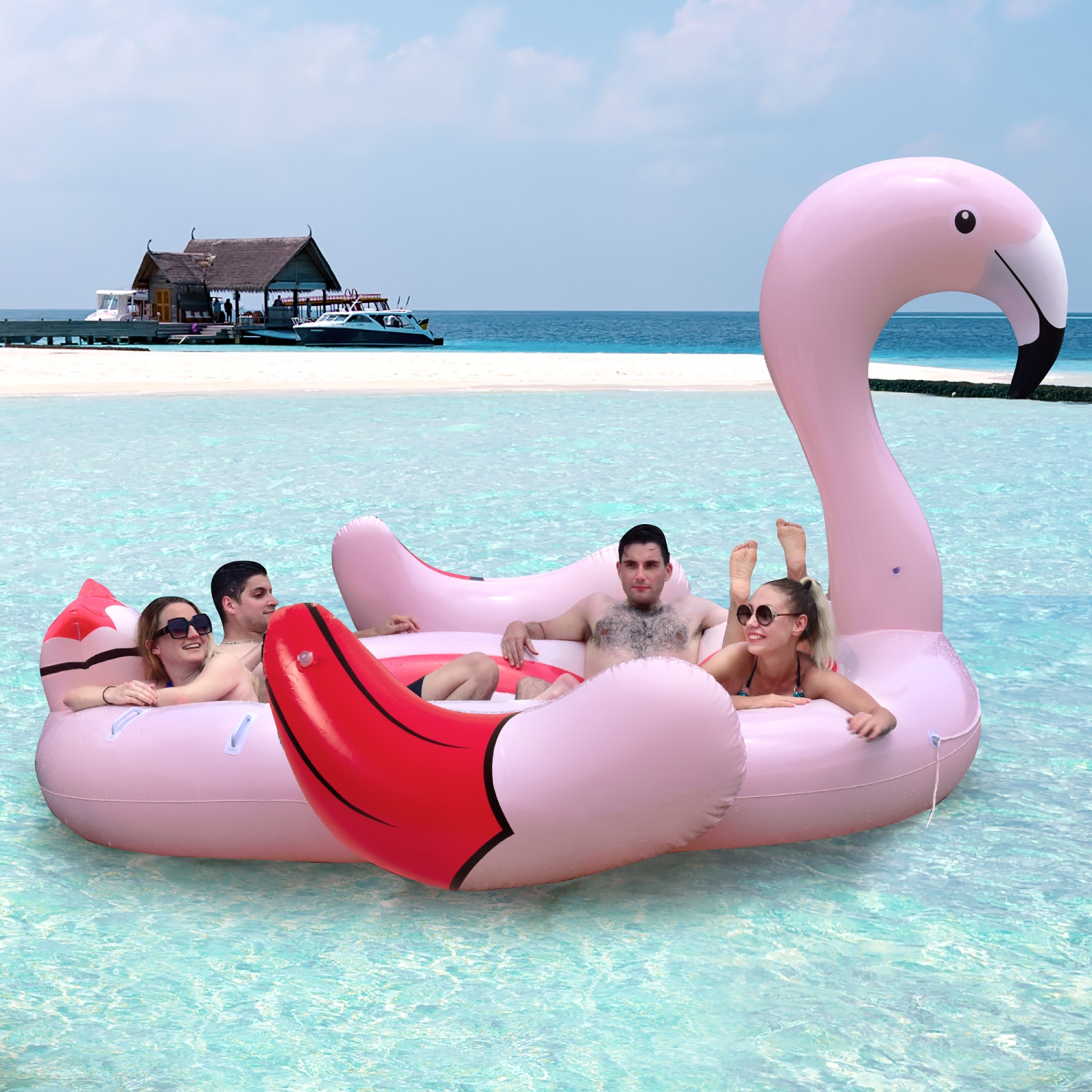Costway 6 People Inflatable Flamingo Floating Island Ideal for Pool, Lake & River