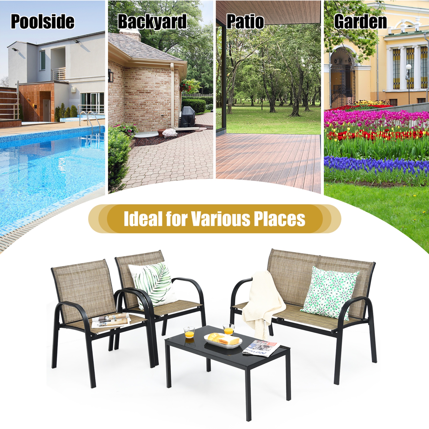Costway 4 PCS Patio Furniture Set Sofa Coffee Table Steel Frame Garden Brown