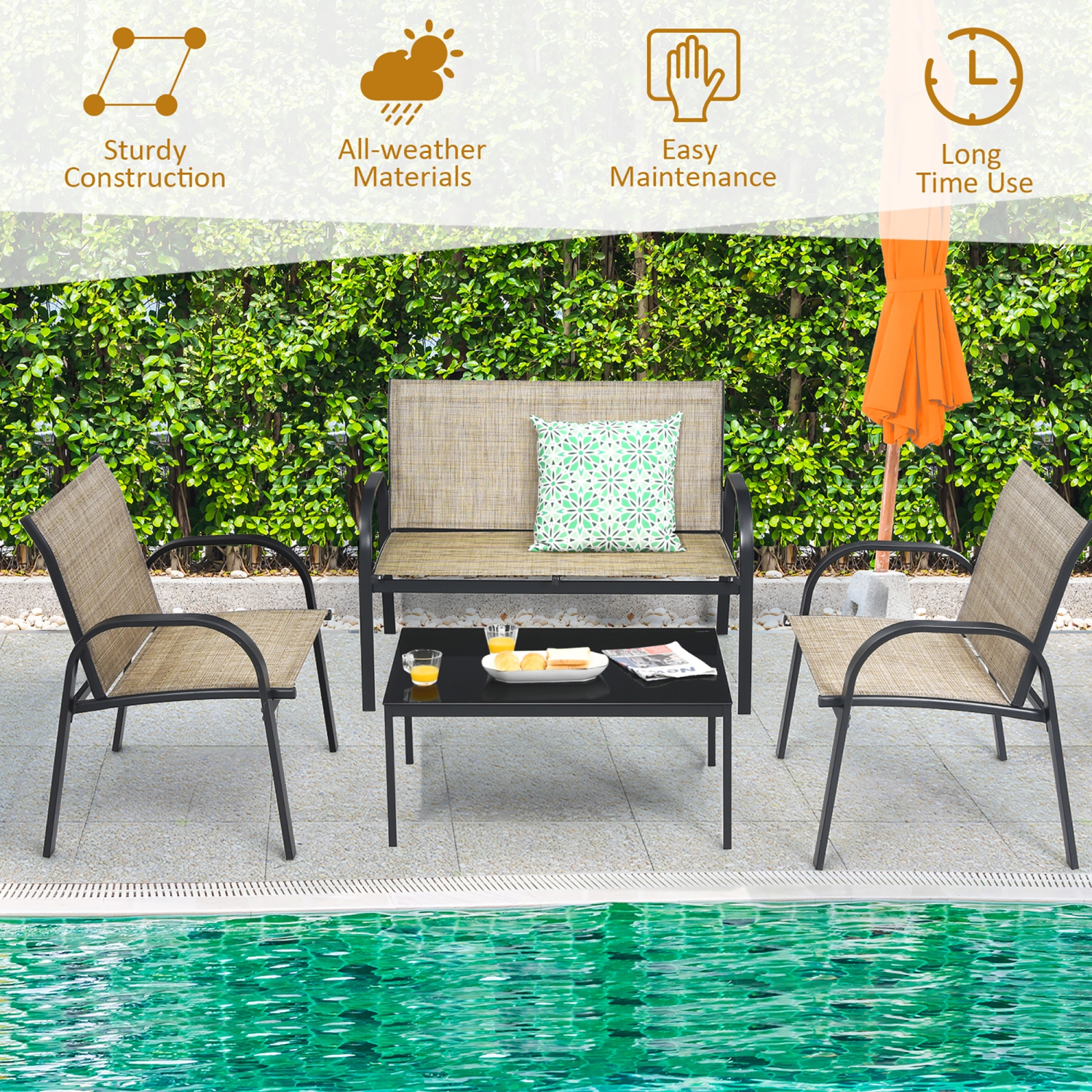Costway 4 PCS Patio Furniture Set Sofa Coffee Table Steel Frame Garden Brown