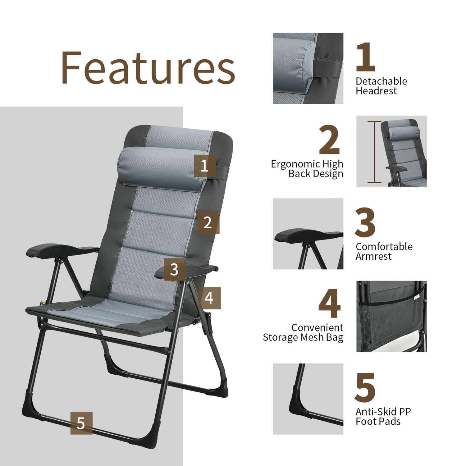Costway 4PCS Patio Folding Dining Chair Ottoman Set Recliner Adjustable Gray