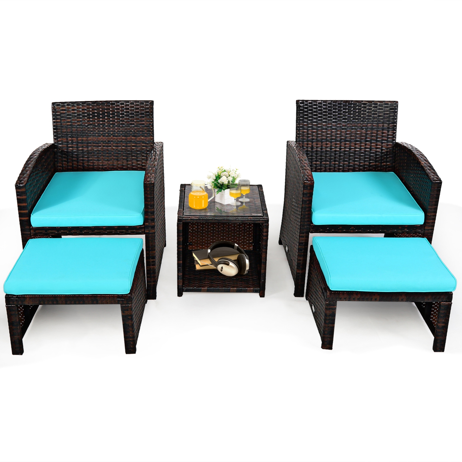 Gymax 5PCS Rattan Patio Furniture Set Chair & Ottoman Set w/ Turquoise Cushions