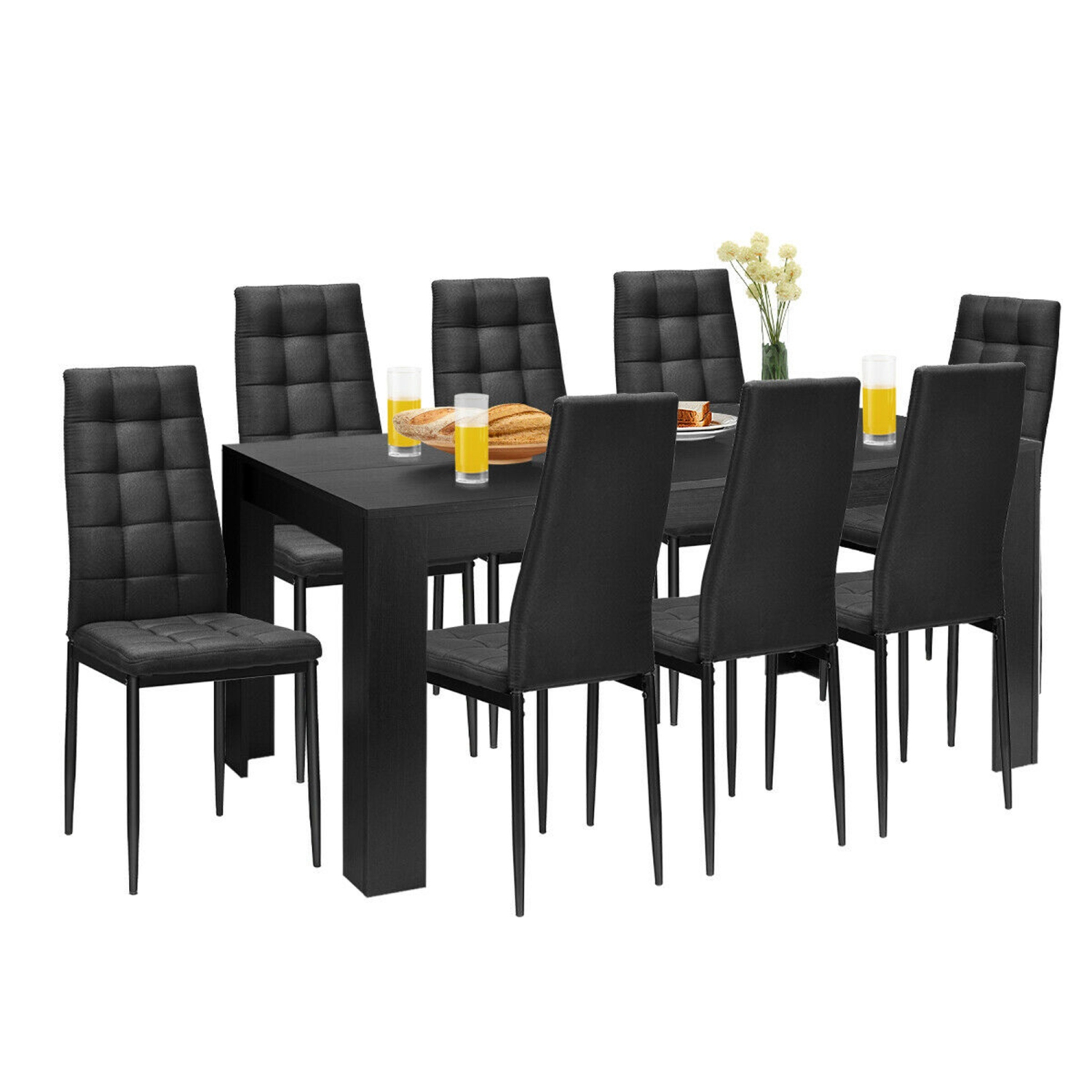 Gymax 9pcs Dining Set Wood Table and 8 Fabric Chairs Home Kitchen Modern