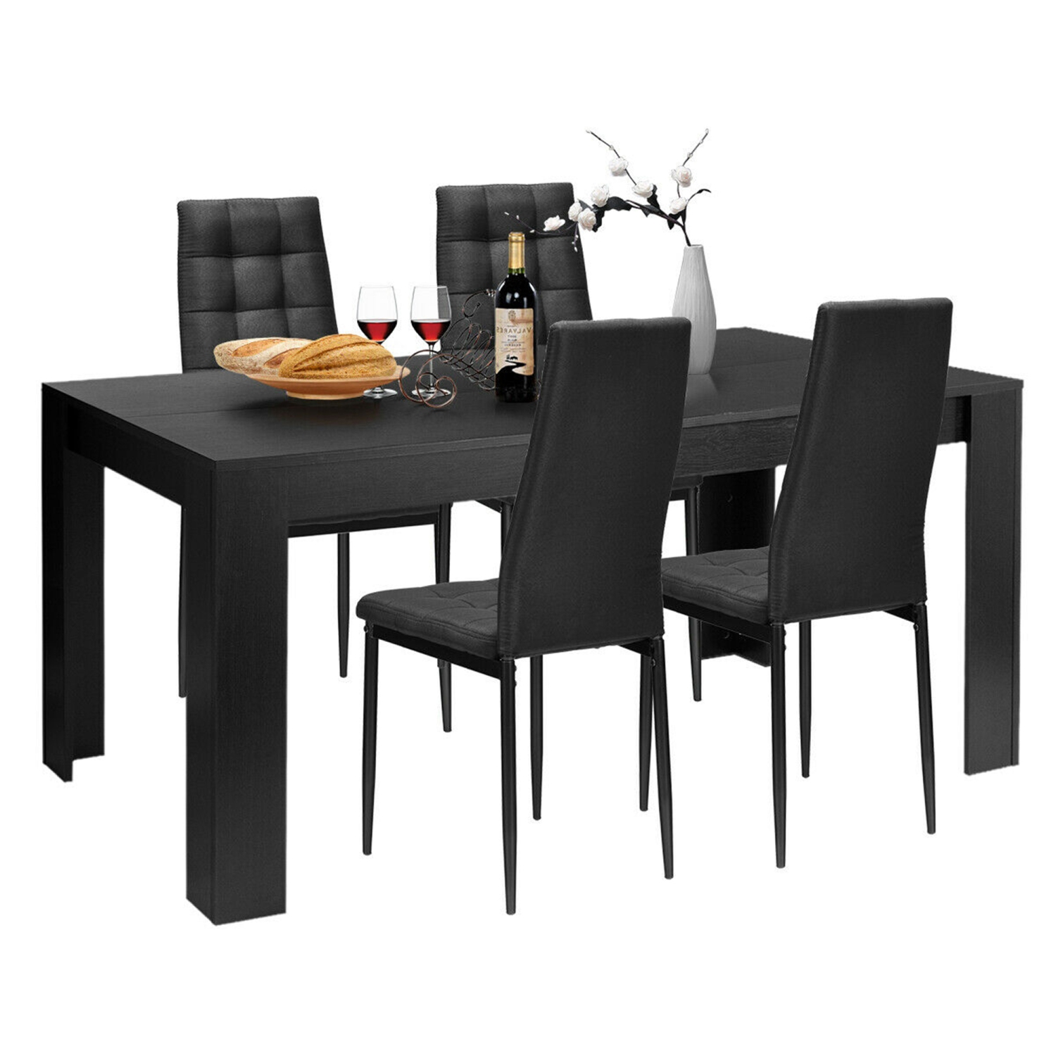 Gymax 5pcs Dining Set Wood Table and 4 Fabric Chairs Home Kitchen Modern