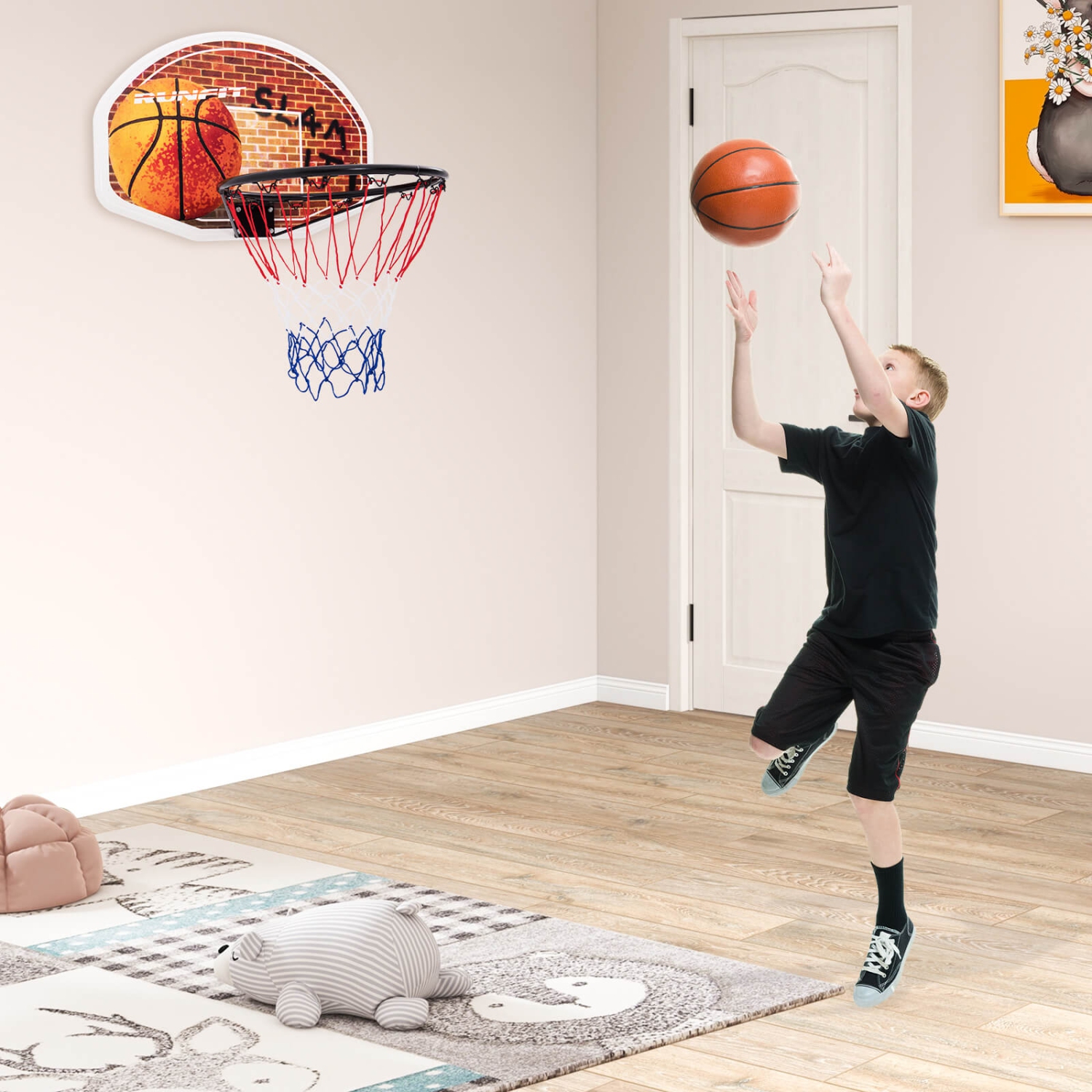 Costway Wall Mounted Fan Backboard With 2 nets Basketball Hoop and Rim Outdoor Indoor Sports