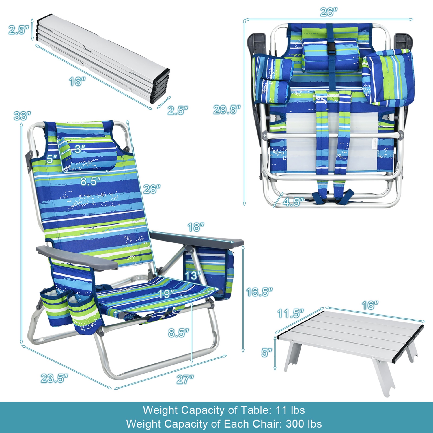 Costway 2-Pack Folding Backpack Beach Chair Table Set 5-Position Outdoor Reclining Chair