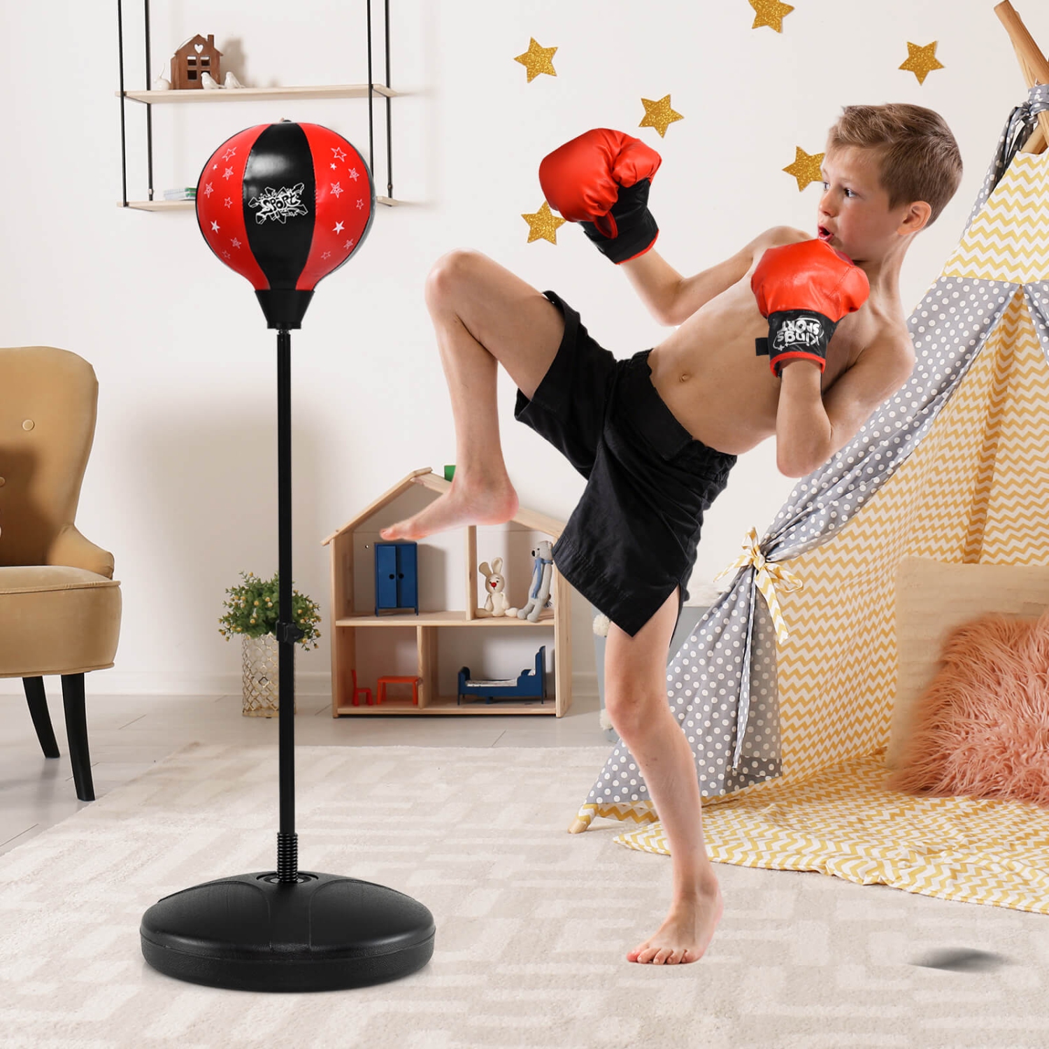 Ensemble de boxe pour enfants, support pour balle de boxe réglable en hauteur, pompe à main, gants de boxe pour enfants garçons et filles, ensemble