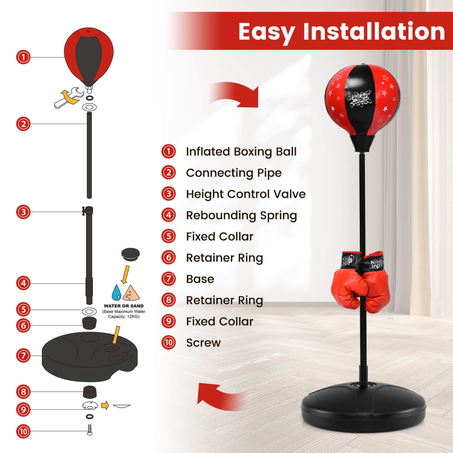 Ensemble de boxe pour enfants, support pour balle de boxe réglable en hauteur, pompe à main, gants de boxe pour enfants garçons et filles, ensemble