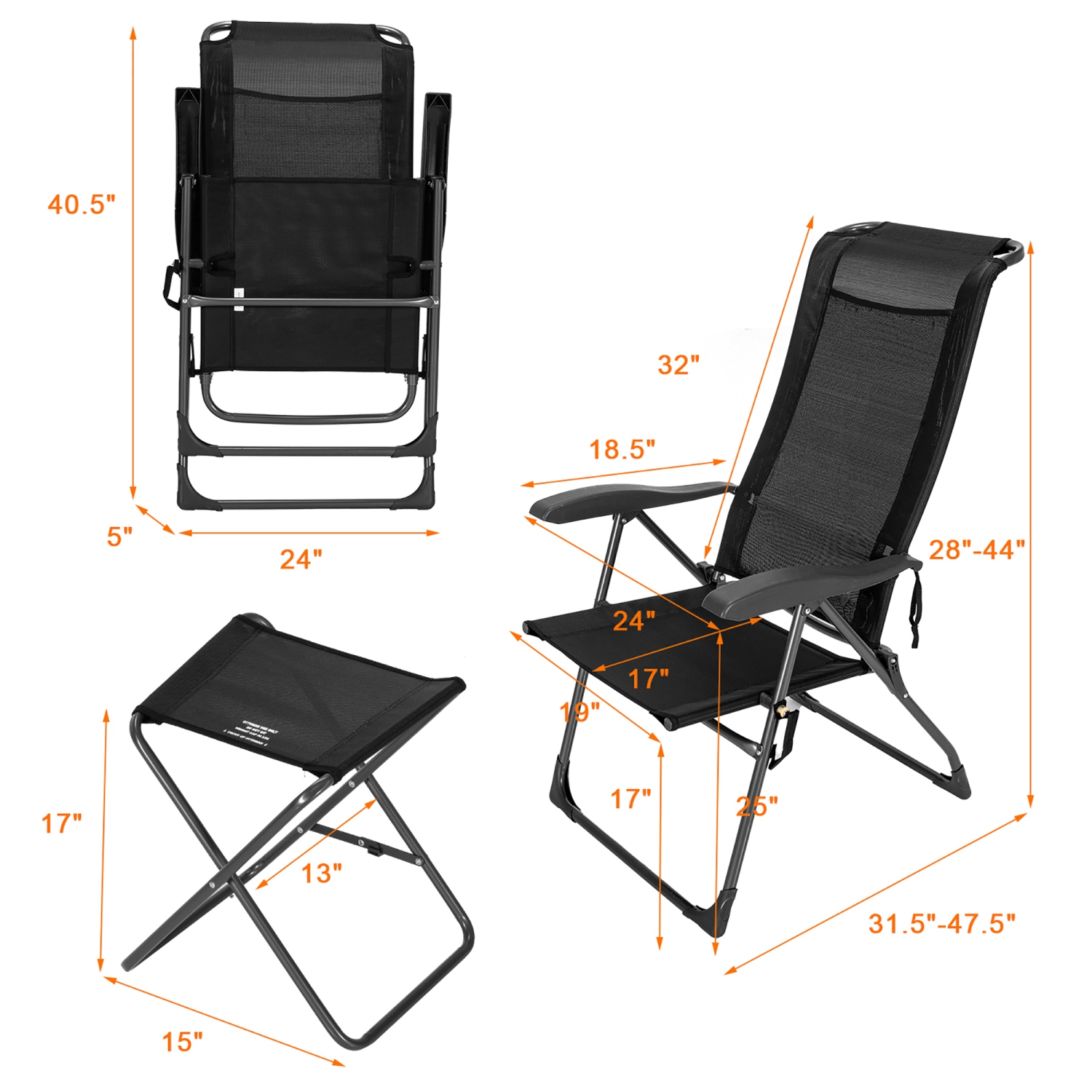 Costway 4PCS Patio Folding Dining Chair Ottoman Set Adjustable Back Camp