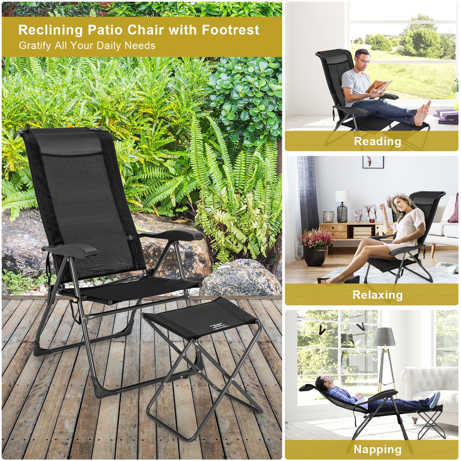 Costway 4PCS Patio Folding Dining Chair Ottoman Set Adjustable Back Camp