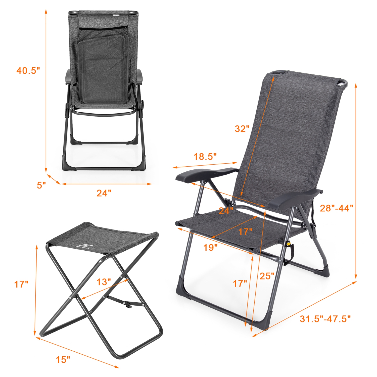 Costway 4PCS Patio Folding Dining Chair Ottoman Set Adjustable Back Camp