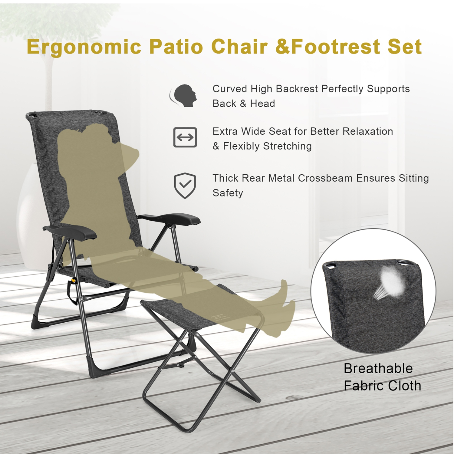 Costway 4PCS Patio Folding Dining Chair Ottoman Set Adjustable Back Camp