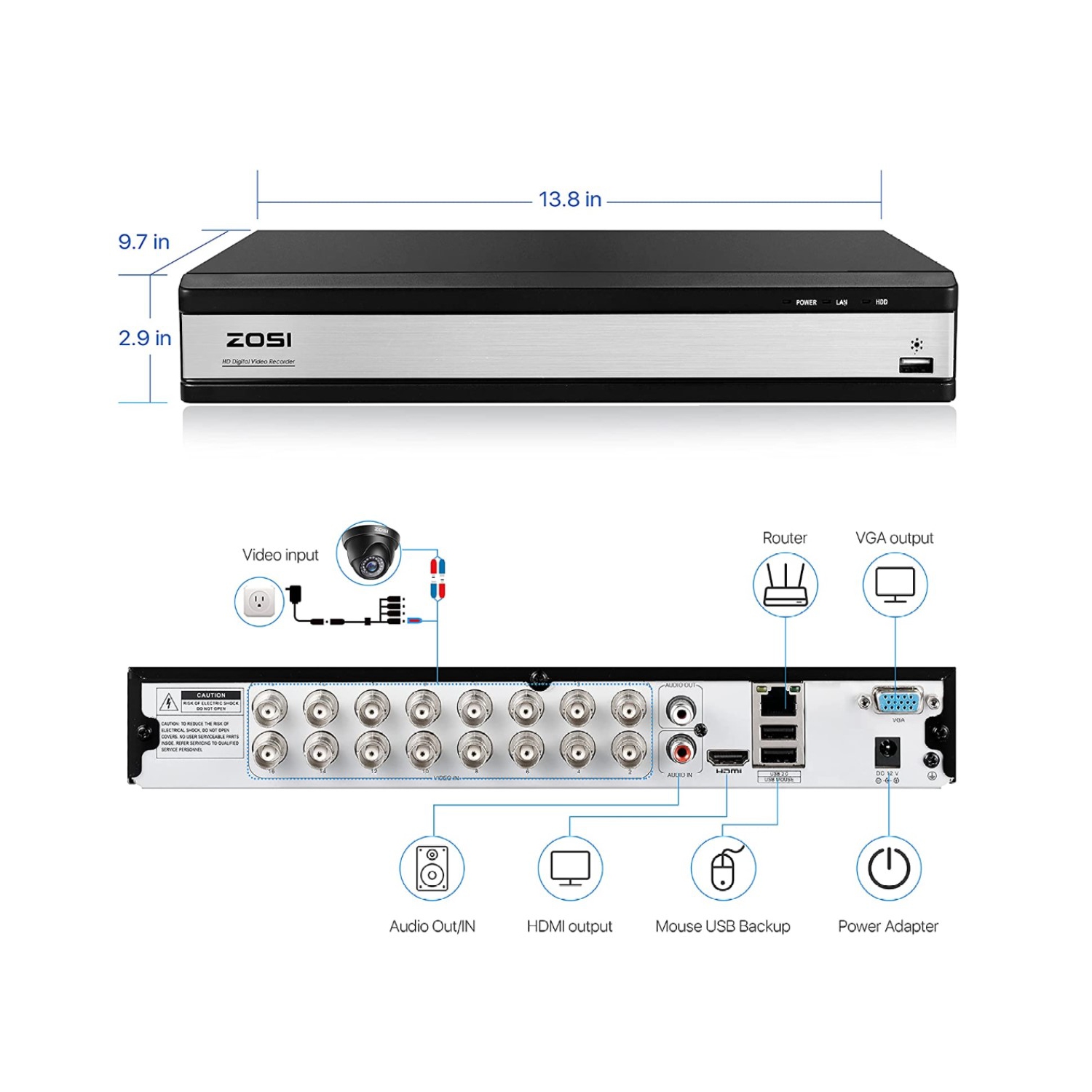 ZOSI H.265+ 16-Channel 1080P Hybrid 4-in-1 DVR Security Video Recorder for 720P/1080P HD-TVI, CVI, AHD, and CVBS Analog Surveillance System, Remote