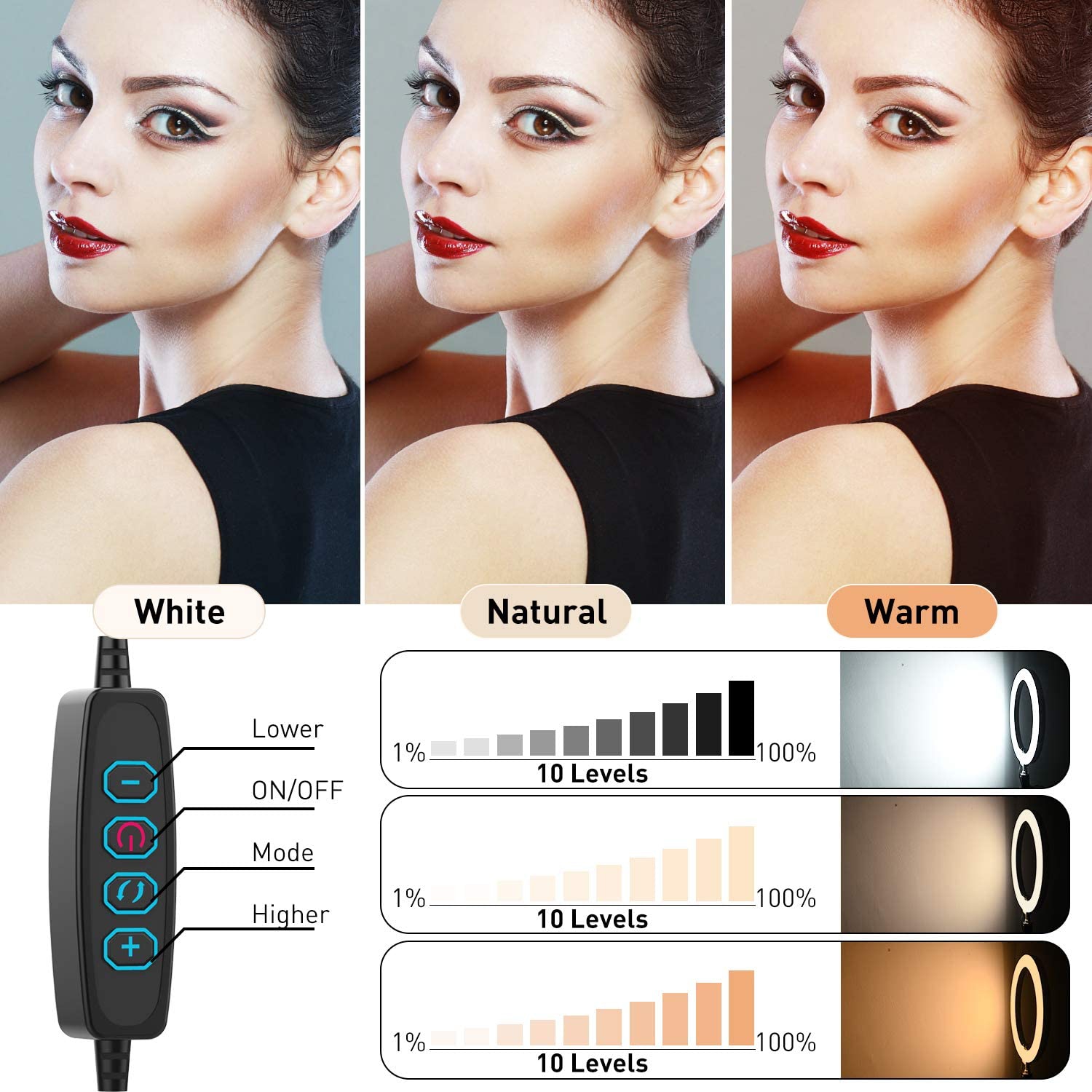 Anneau lumineux à LED de 10" pour bureau Selfie Ring Light USB LED pour appareil photo de bureau Ringlight 3 couleurs avec trépied Support pour