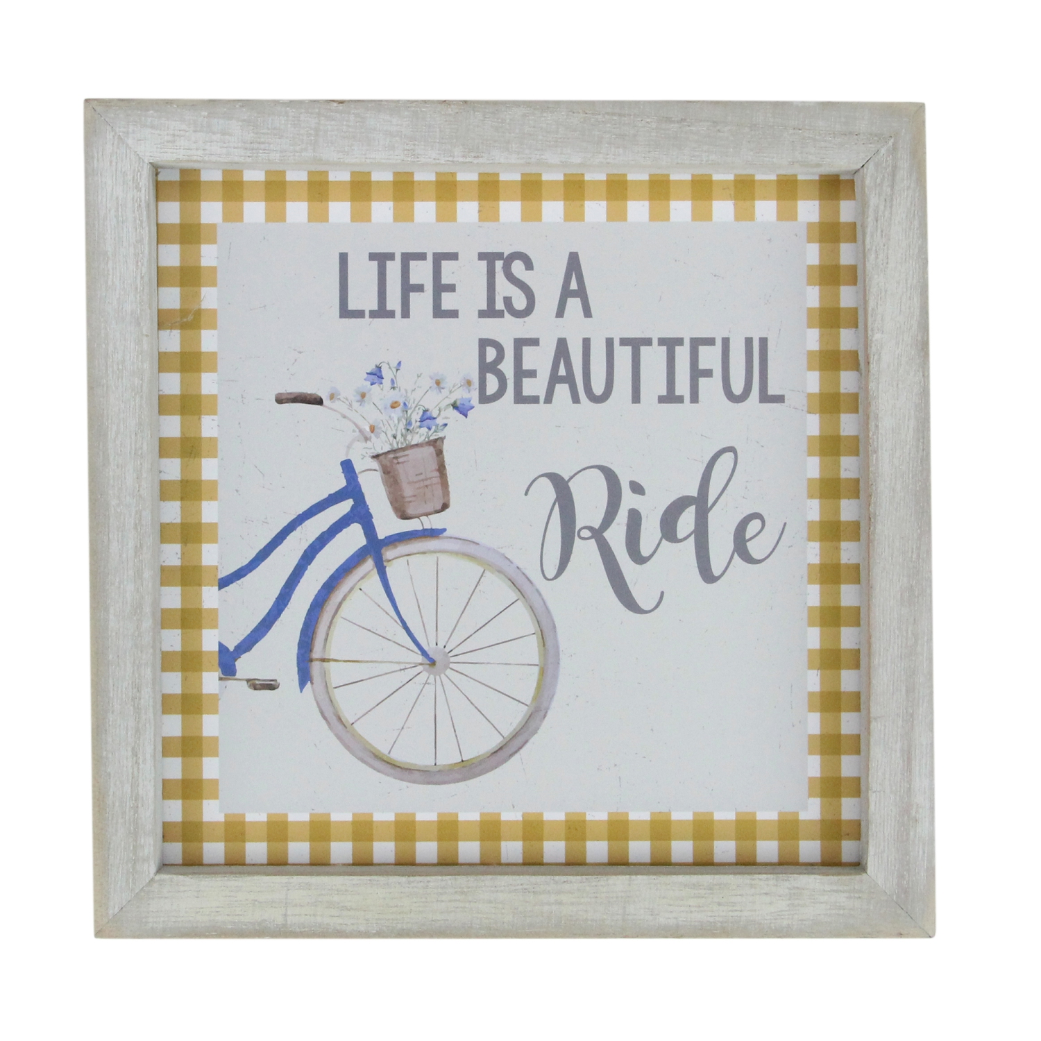 7" Blue And White Vintage Bicycle "Life Is A Beautiful Ride" Plaid Accent Wall Decor