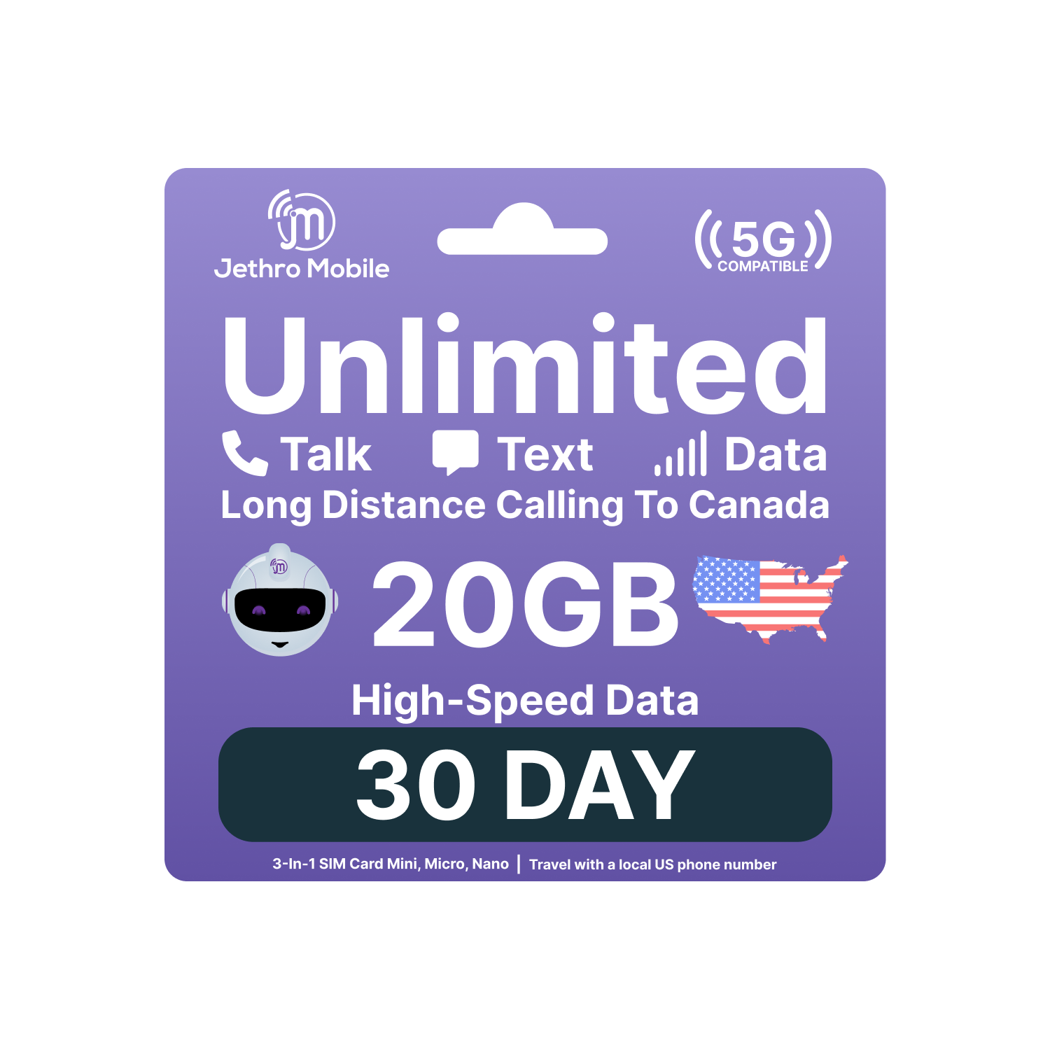Jethro Mobile USA Travel Sim Card [30 Days] - 20GB High-Speed Data, Unlimited Talk & Text in the US and to Canada