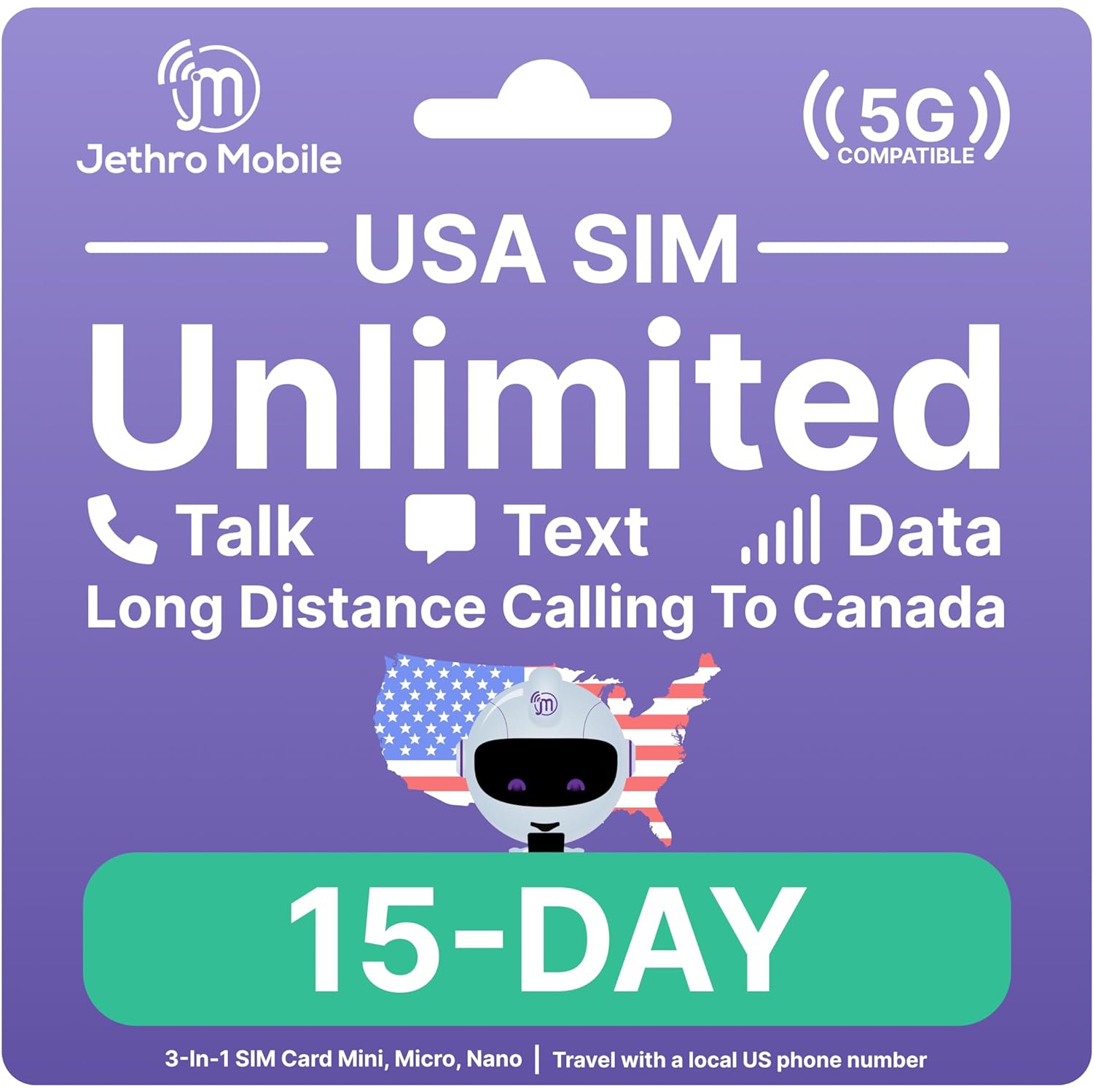 [Victoria Day Sale] Jethro Mobile Prepaid USA Travel SIM card, 4G LTE High-Speed Data, Unlimited Talk and Text, No Contract, 15 Days