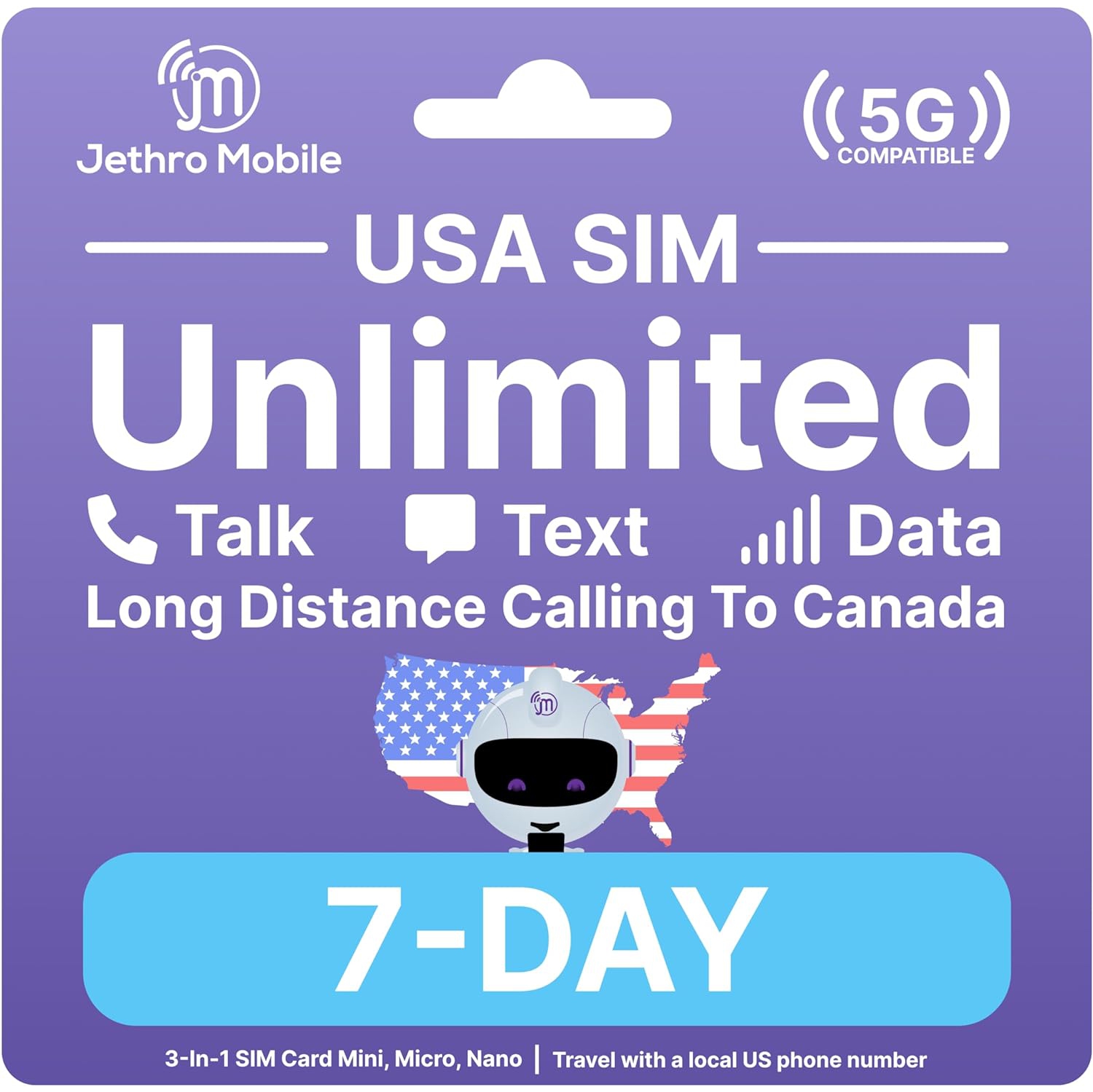 Jethro Mobile Prepaid USA Travel SIM card, 4G LTE High-Speed Data, Unlimited Talk and Text, No Contract, 7 Days
