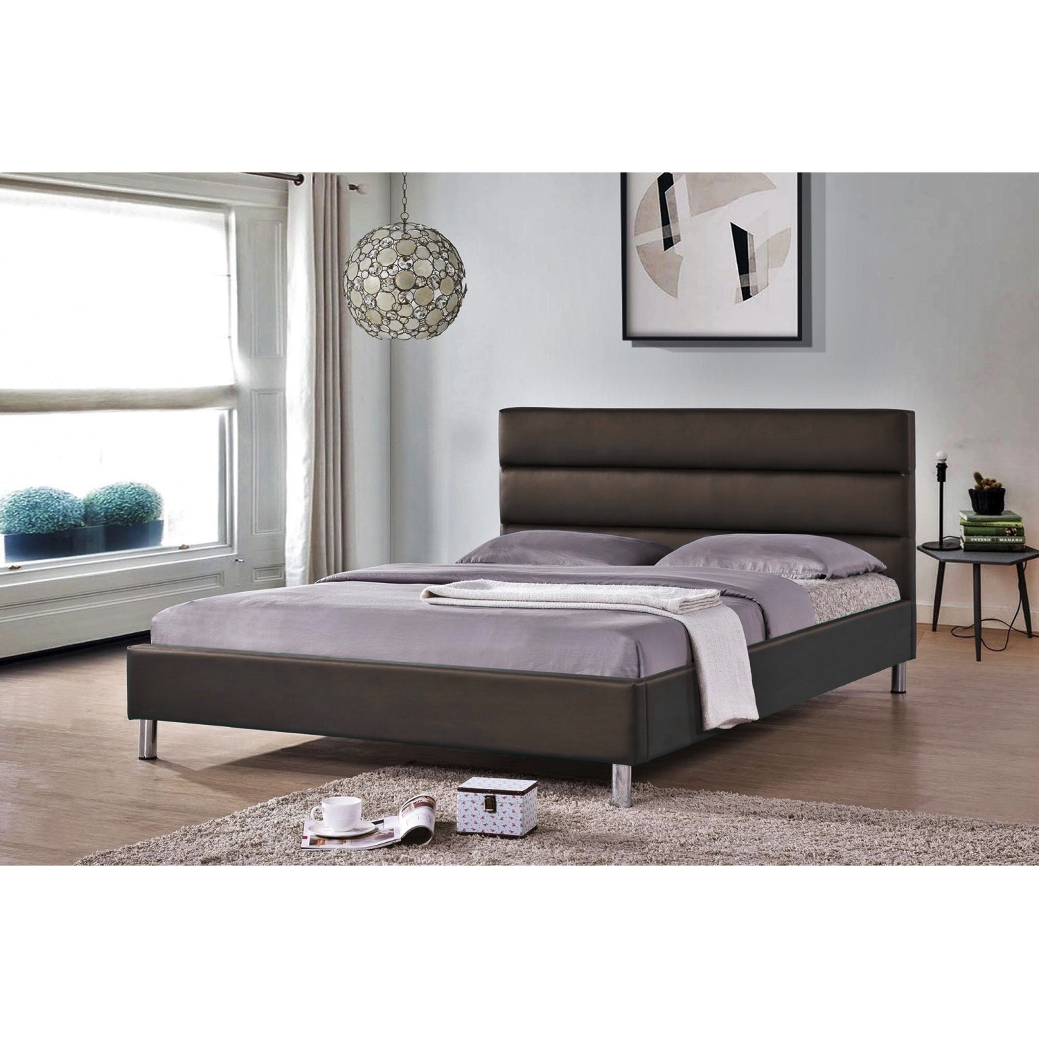 Espresso PU Upholstered King Size Platform Bed (No Box Spring Required)