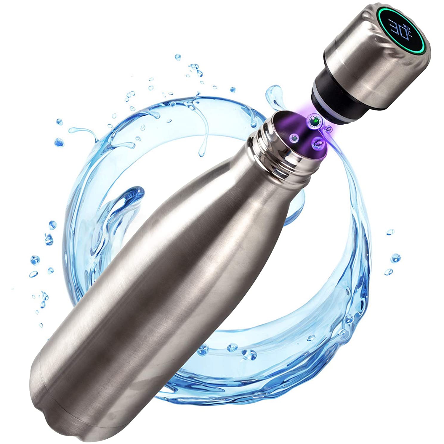 Purificateur d'eau UV2.0 & bouteille d'eau isotherme auto-nettoyante en acier inoxydable Transforme n'importe quelle source d'eau en eau potable
