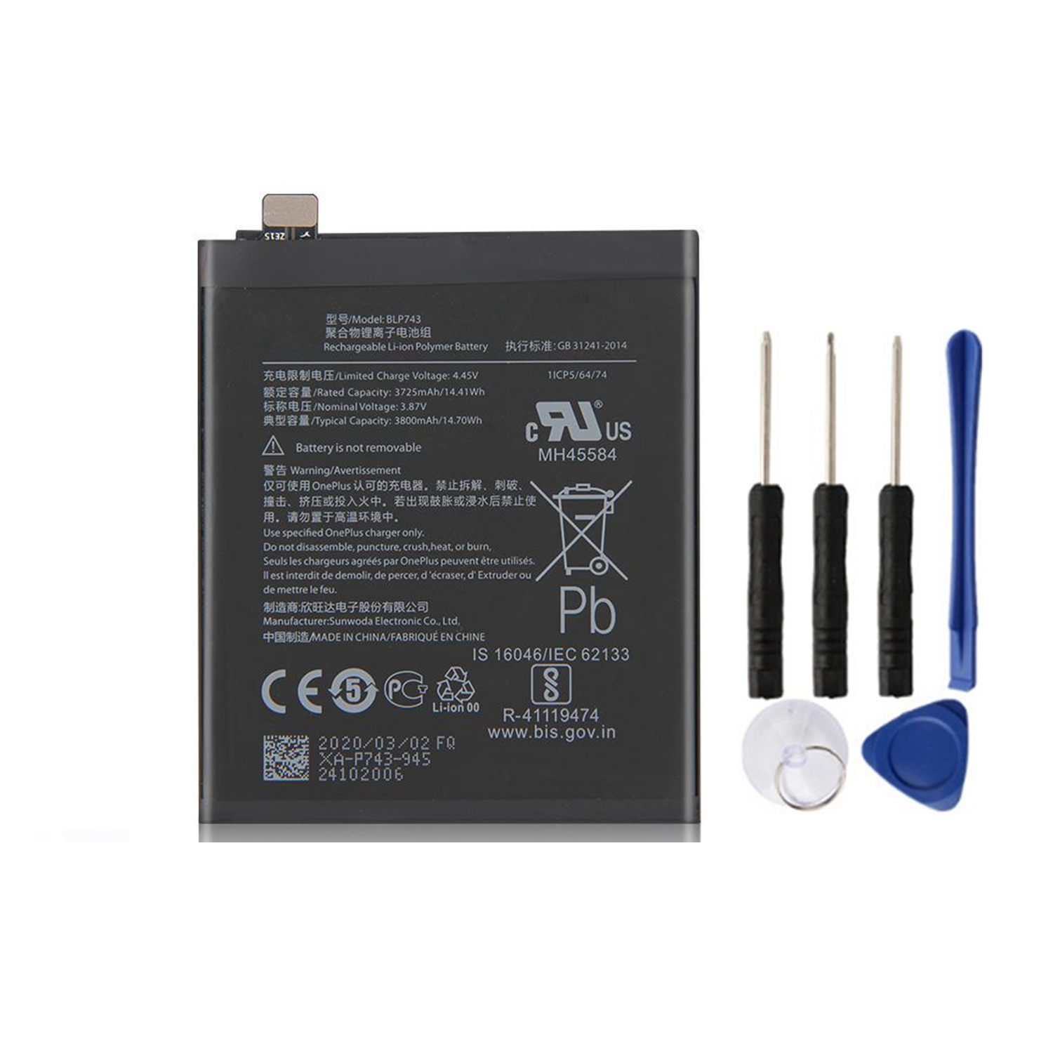 Batterie de rechange et outils de réparation compatibles avec OnePlus 7T, BLP743