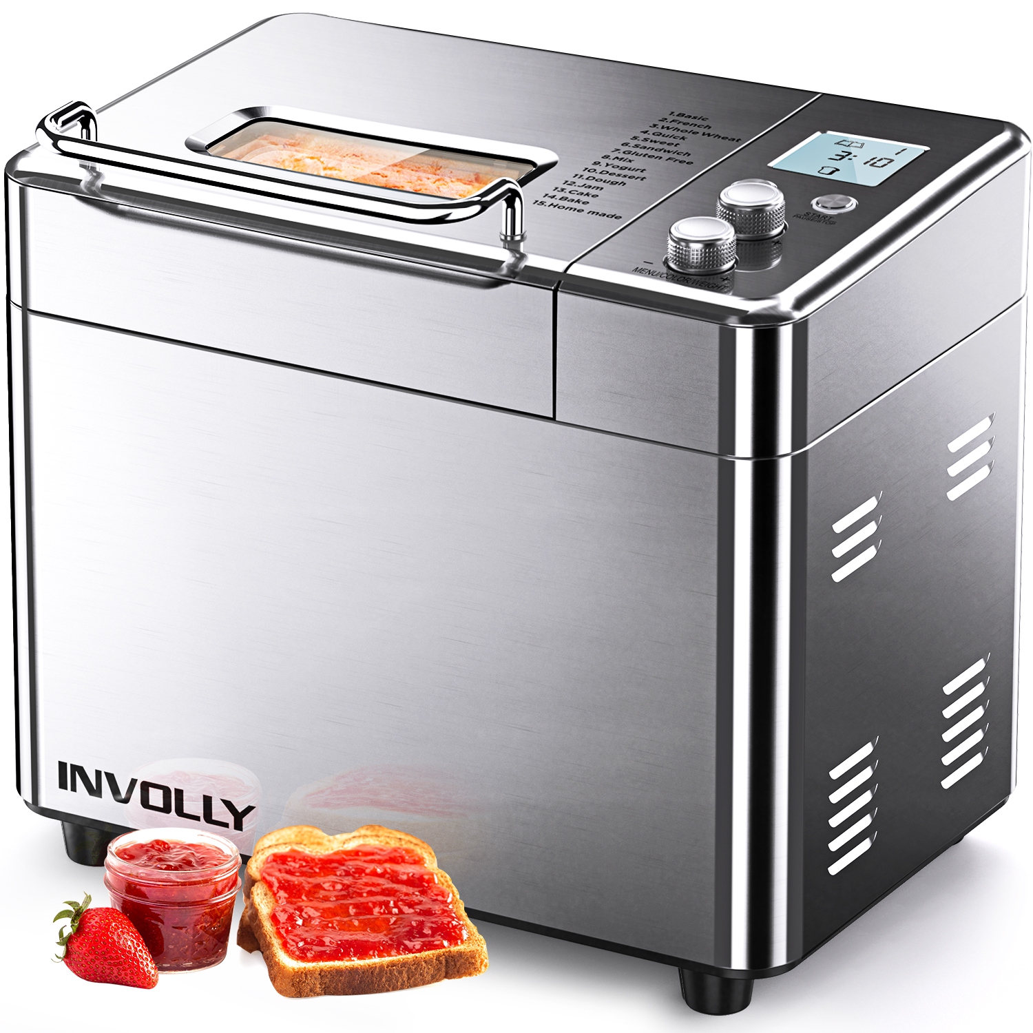 INVOLLY Bread Machine, 2.2LB Large 600W Dual Heaters Bread Maker Machine, 15-in-1 Toaster Maker w/Auto Fruit Nut Dispenser, LCD Display, Nonstick Pan, Programmable, 15H Timer
