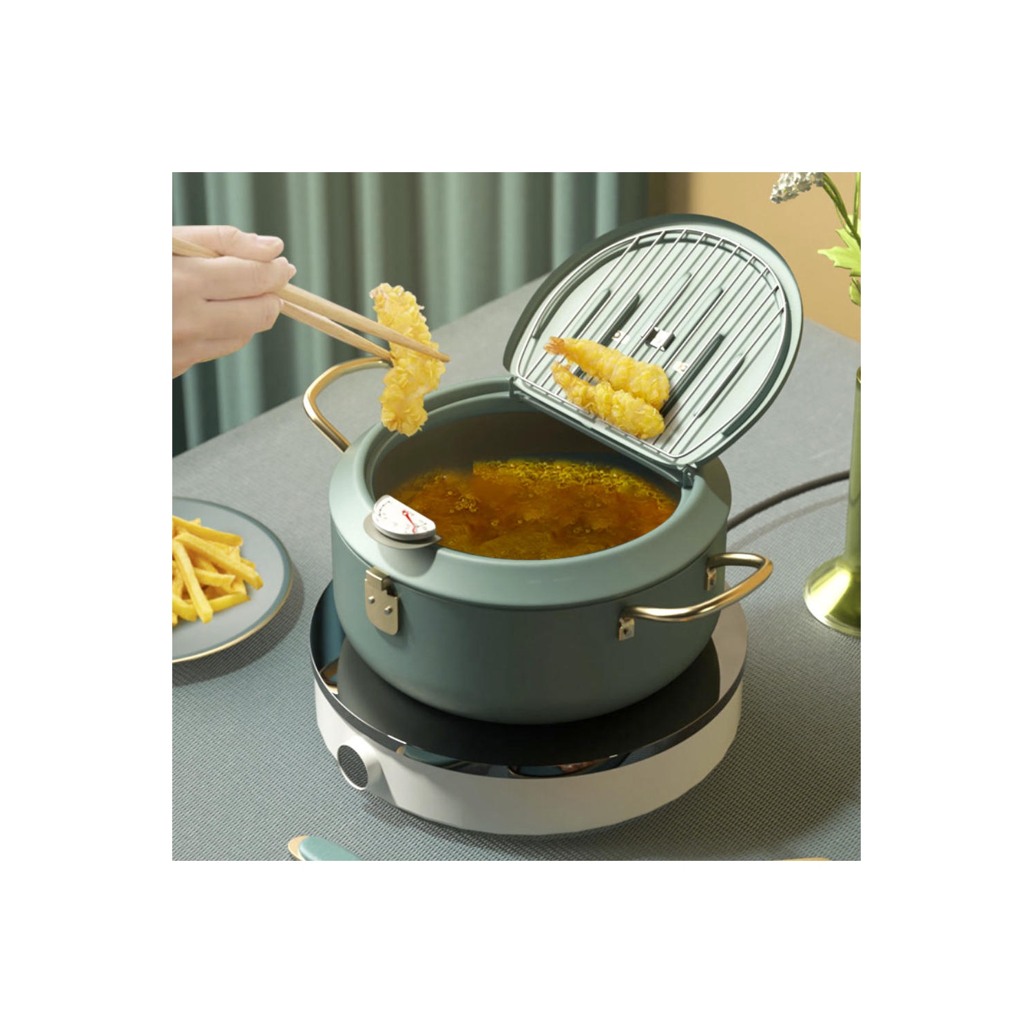 3.5L Deep Fryer Pot with A Thermometer,Lid & Oil Drainer Rack，Tempura Fryer Pot for Kitchen Cooking