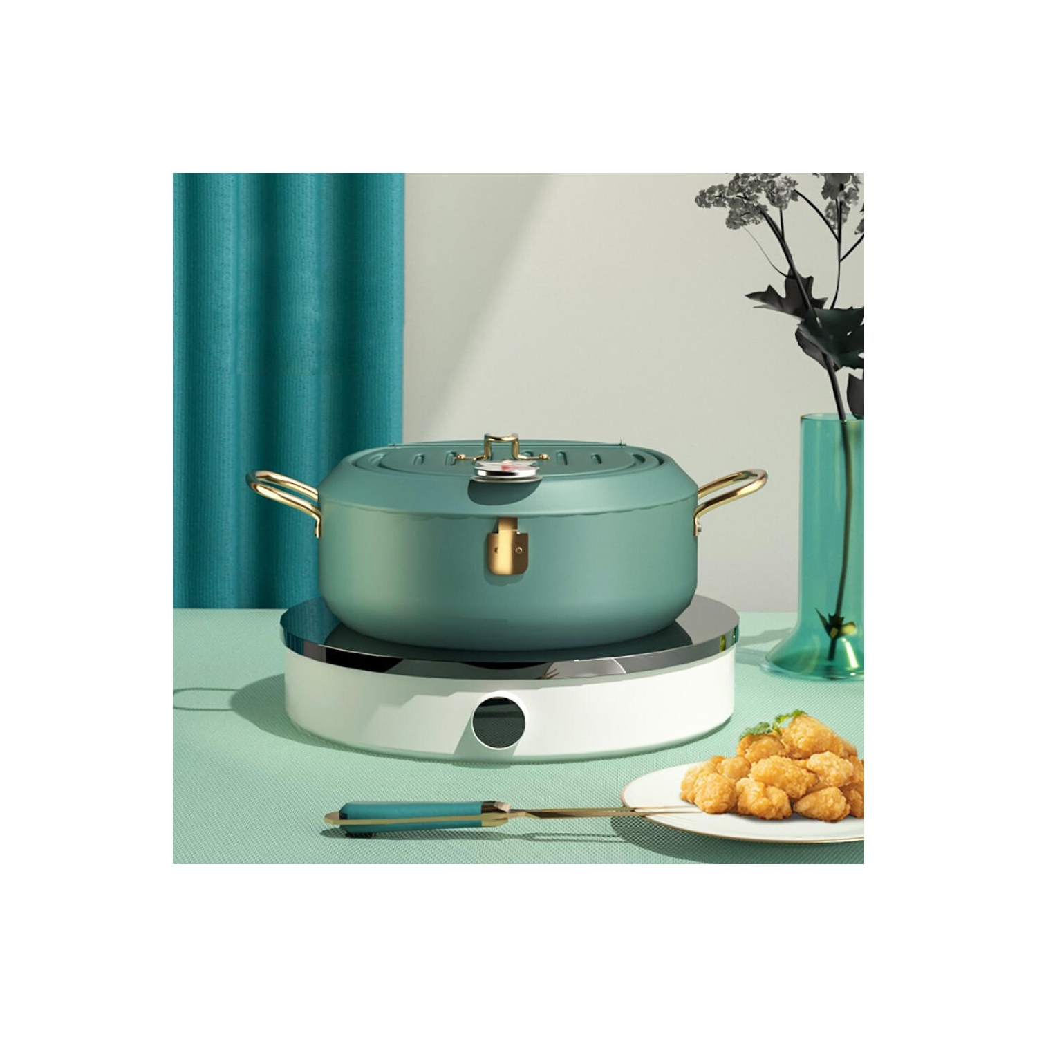 3.5L Deep Fryer Pot with A Thermometer,Lid & Oil Drainer Rack，Tempura Fryer Pot for Kitchen Cooking