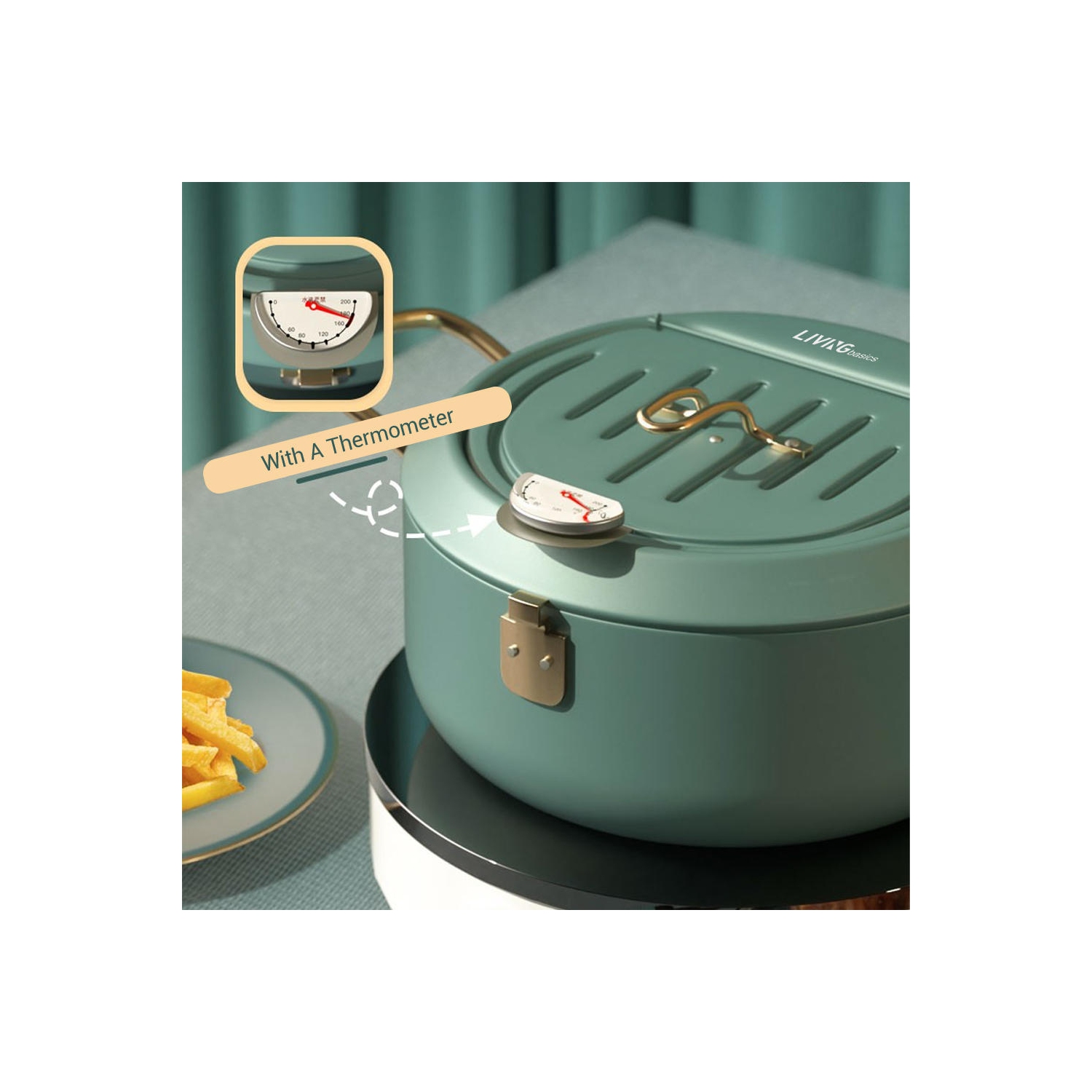 3.5L Deep Fryer Pot with A Thermometer,Lid & Oil Drainer Rack，Tempura Fryer Pot for Kitchen Cooking