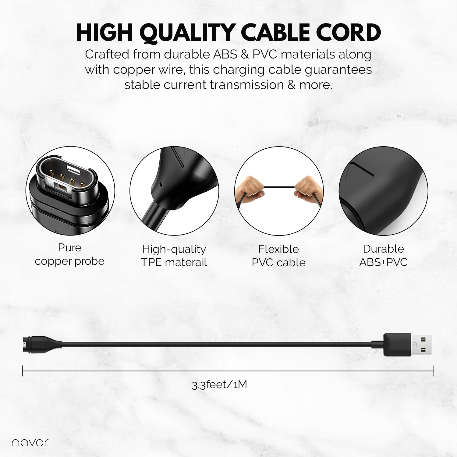 Navor Replacement Charging Cable for Garmin Fenix 7/6/5, Epix Gen 2, Forerunner 45/55/245/255/945/955, Venu 2/3, Vivoactive 3/4, Instinct 2, Approach