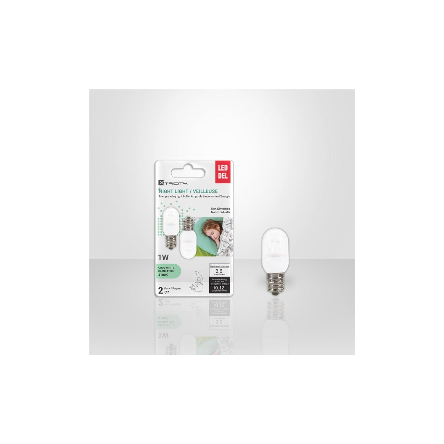 Xcentricité - Ensemble de 2 ampoules à DEL pour veilleuse, 1 W, culot candélabre, 4100K blanc froid