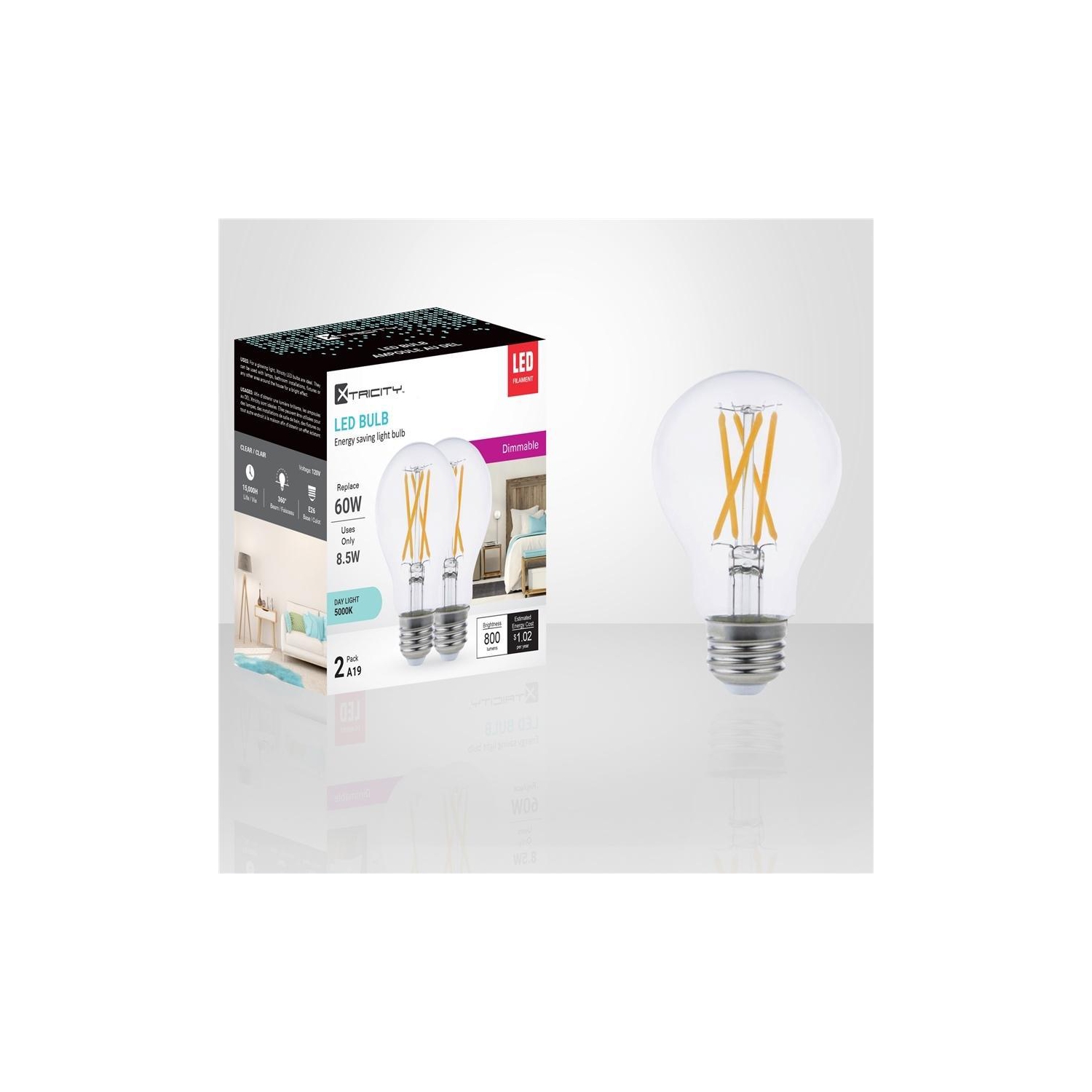 Xtricity - Set of 2 Dimmable Energy Saving LED Bulbs, 8.5W, E26 Base, 5000K Daylight