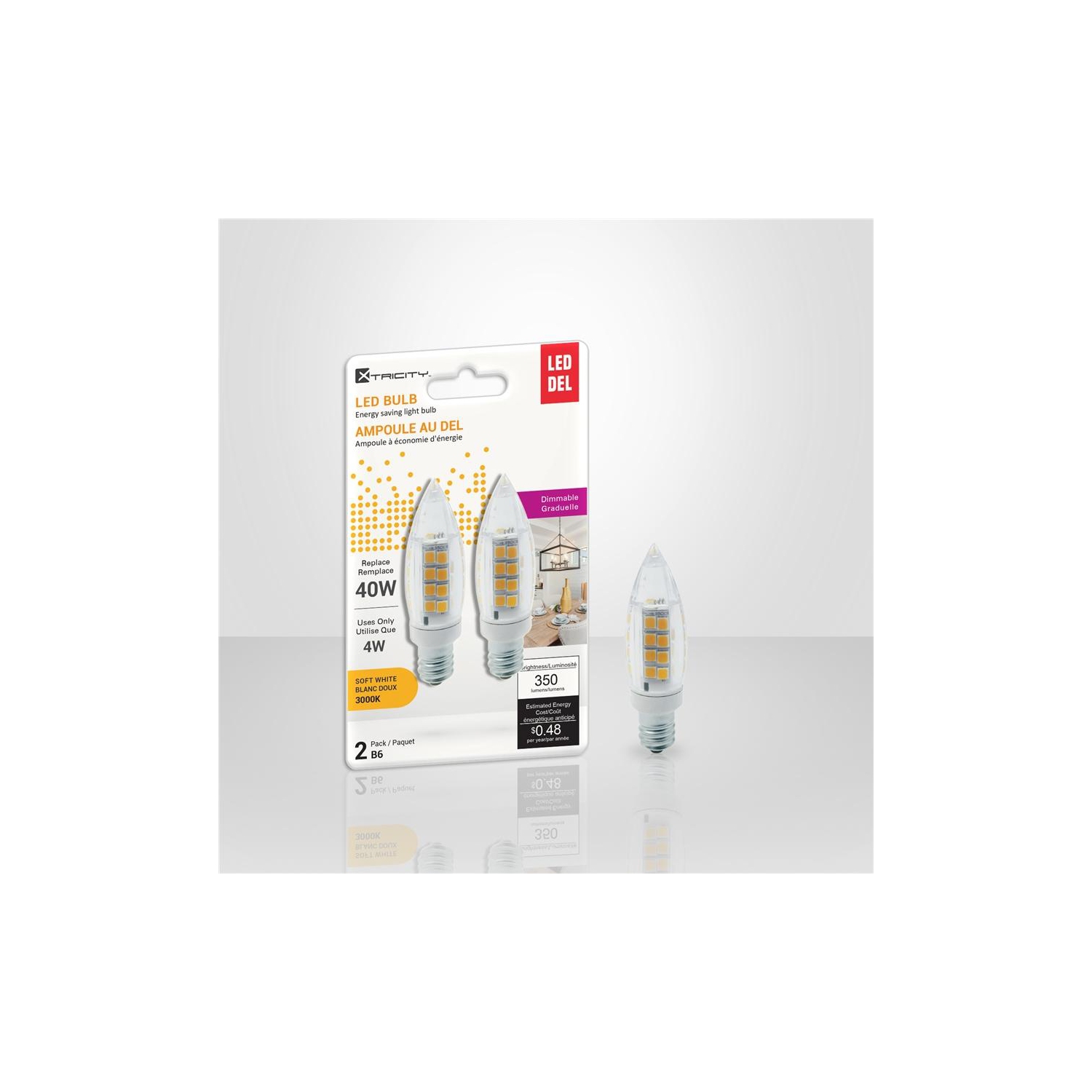 Xtricity - Set of 2 Dimmable Energy Saving LED Bulbs, 4W, Candelabra Base, 3000K Soft White