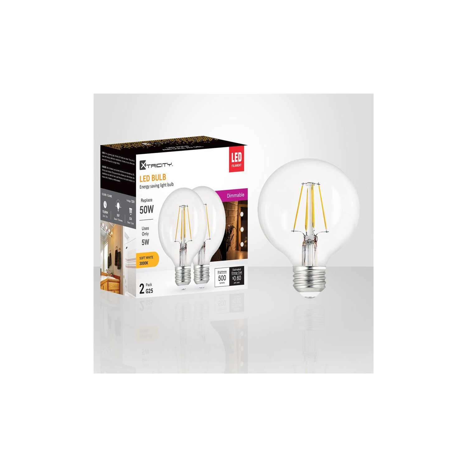 Xtricity - Set of 2 Dimmable Energy Saving LED Bulbs, 5W, E26 Base, 3000K Soft White