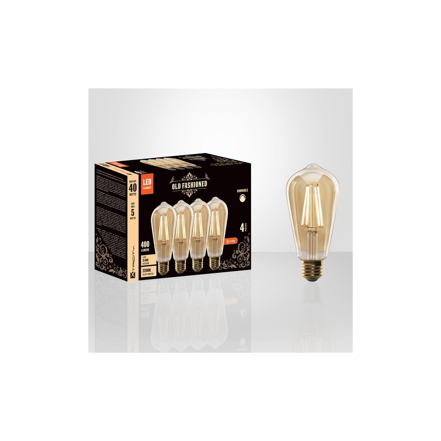 Xtricity - Set of 4 Old Fashioned LED Bulbs, 5W, E26 Base, 2200K Soft White