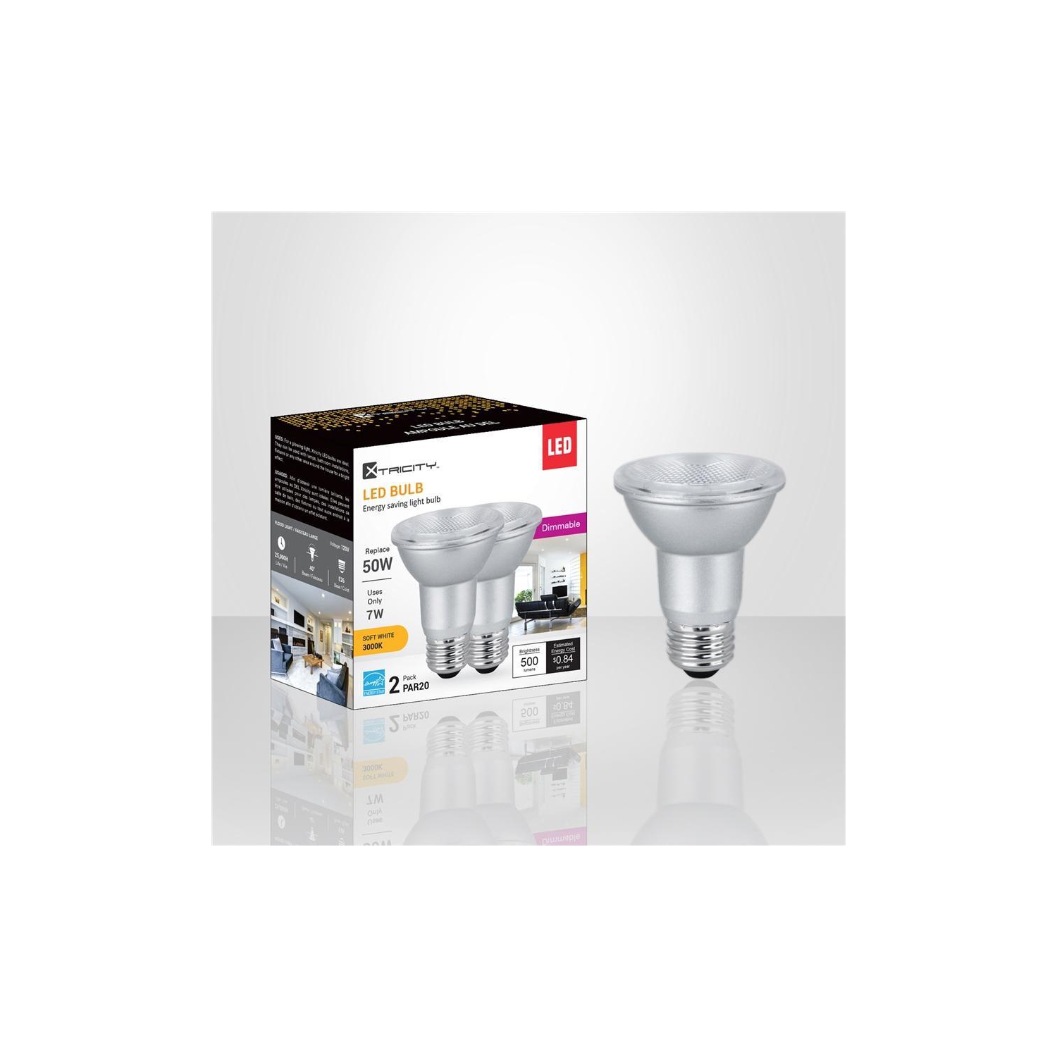 Xtricity - Set of 2 Dimmable Energy Saving LED Bulbs, 7W, E26 Base, 3000K Soft White