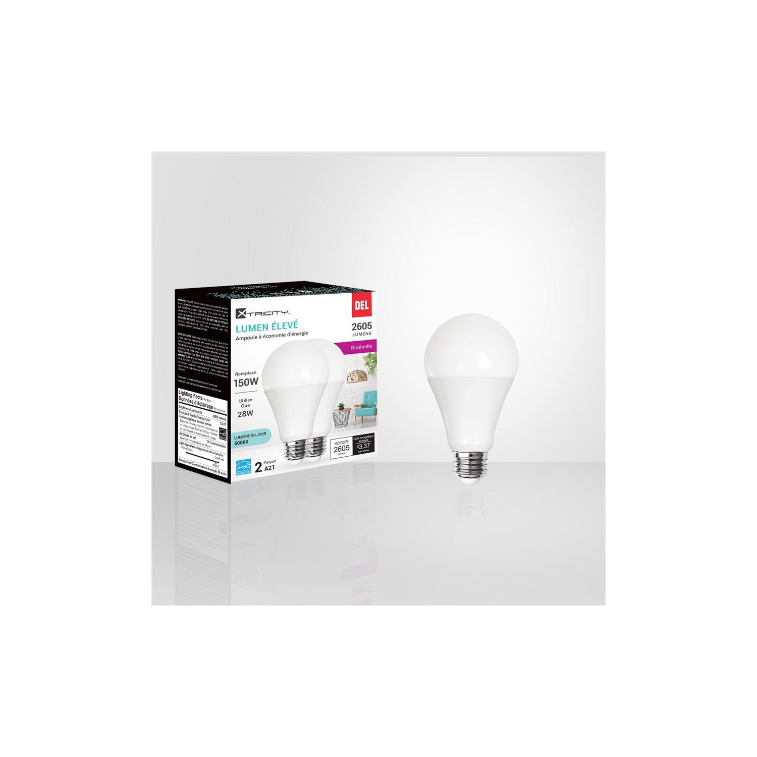 Xtricity - Ensemble de 2 Ampoules DEL Gradable à économie d'énergie, 28W, Culot E26, 5000K Lumière du Jour