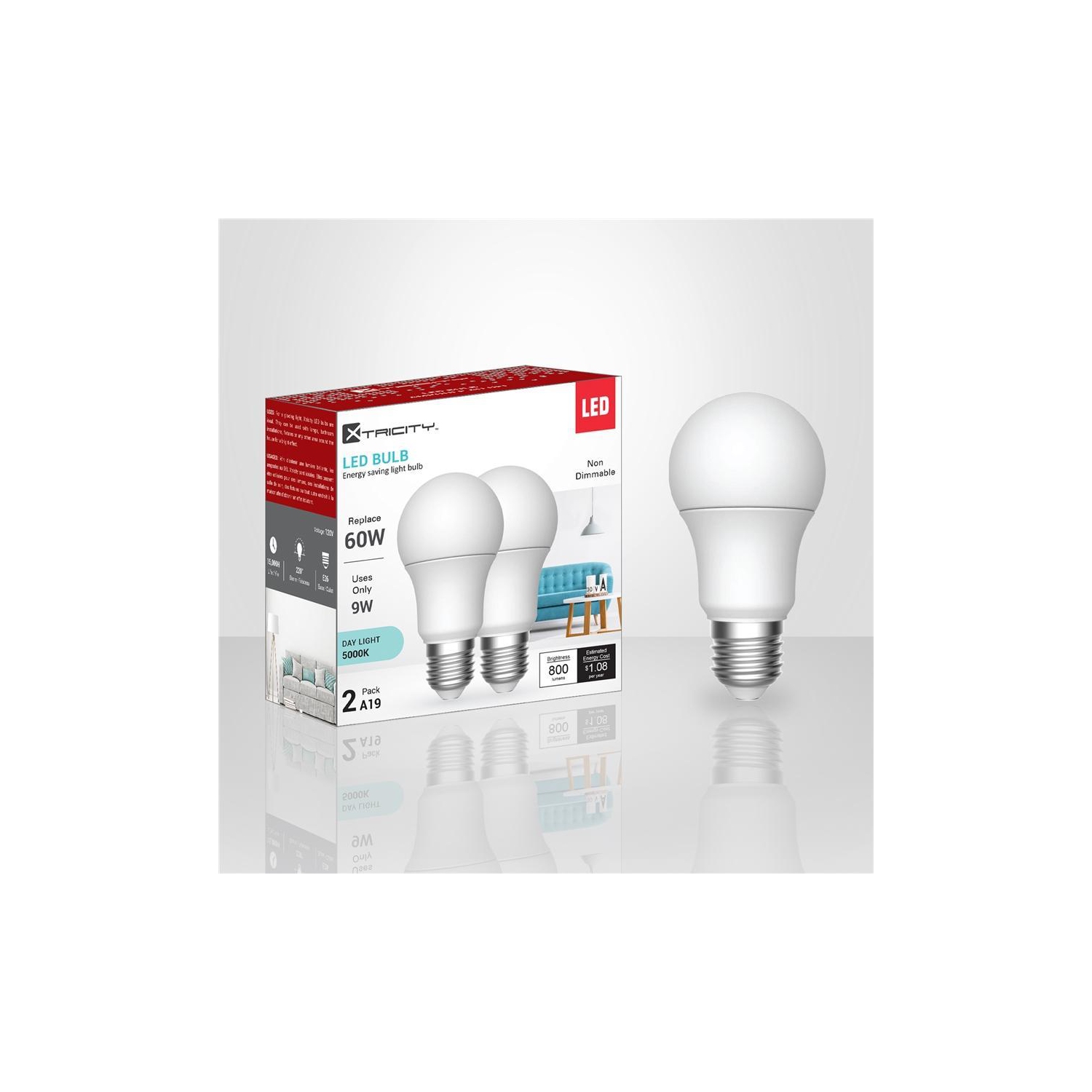 Xtricity - Set of 2 Energy Saving LED Bulbs, 9W, E26 Base, 5000K Daylight